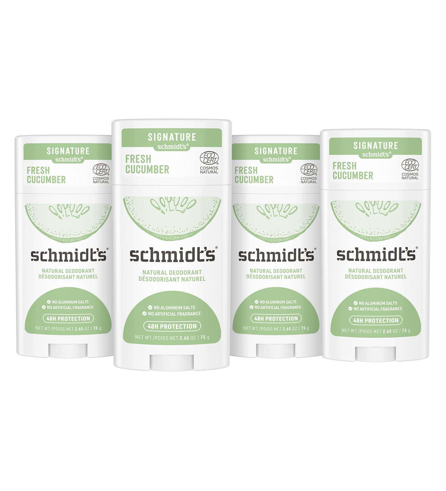 Schmidt's Fresh Cucumber Natural Deodorant 2.65 oz Pack of 4 | 24-Hour Odor Protection | Certified Natural, Vegan, Cruelty-Free - Buy Online on GoSupps.com
