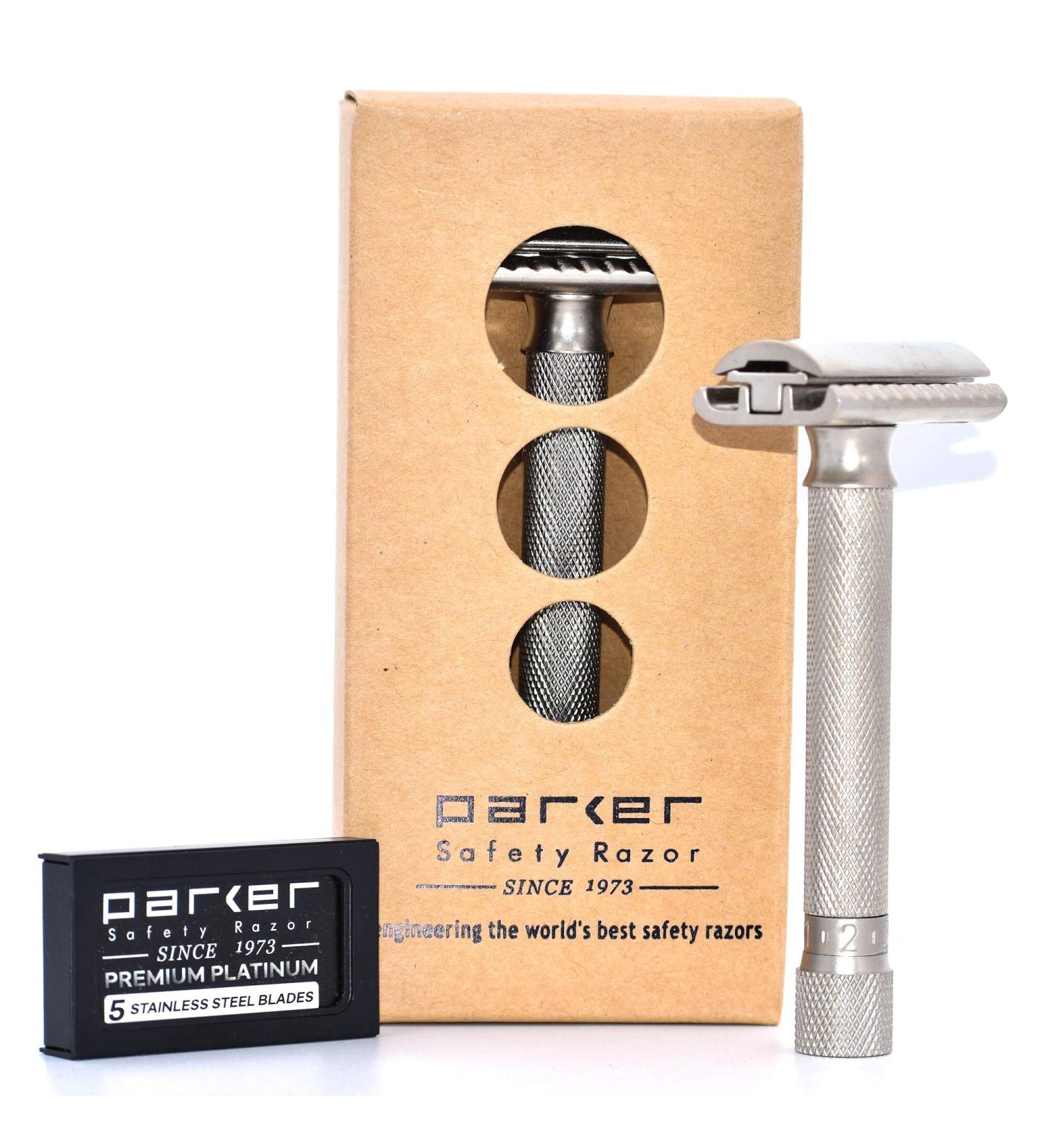 Parker Variant Adjustable Double Edge Safety Razor with 5 Premium Blades - Customize Your Shave with Dial Adjustment (Satin Chrome) - Buy Online on GoSupps.com