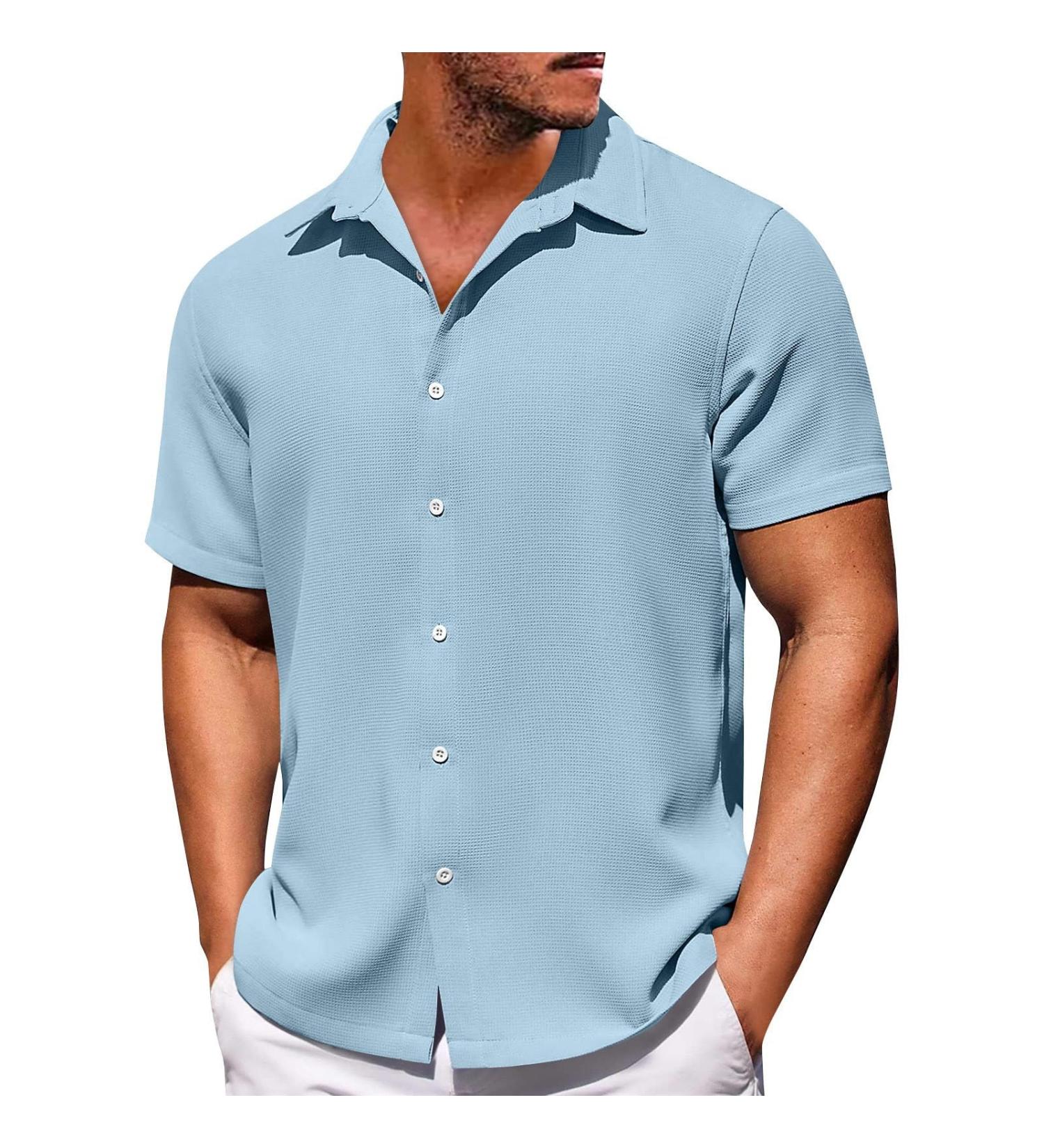 Men's Hawaiian Shirt - Oversized 6XL Blue Waffle Summer T-Shirt Short-Sleeved Button Bar Big Sizes for Beach & Leisure - Buy Online on GoSupps.com