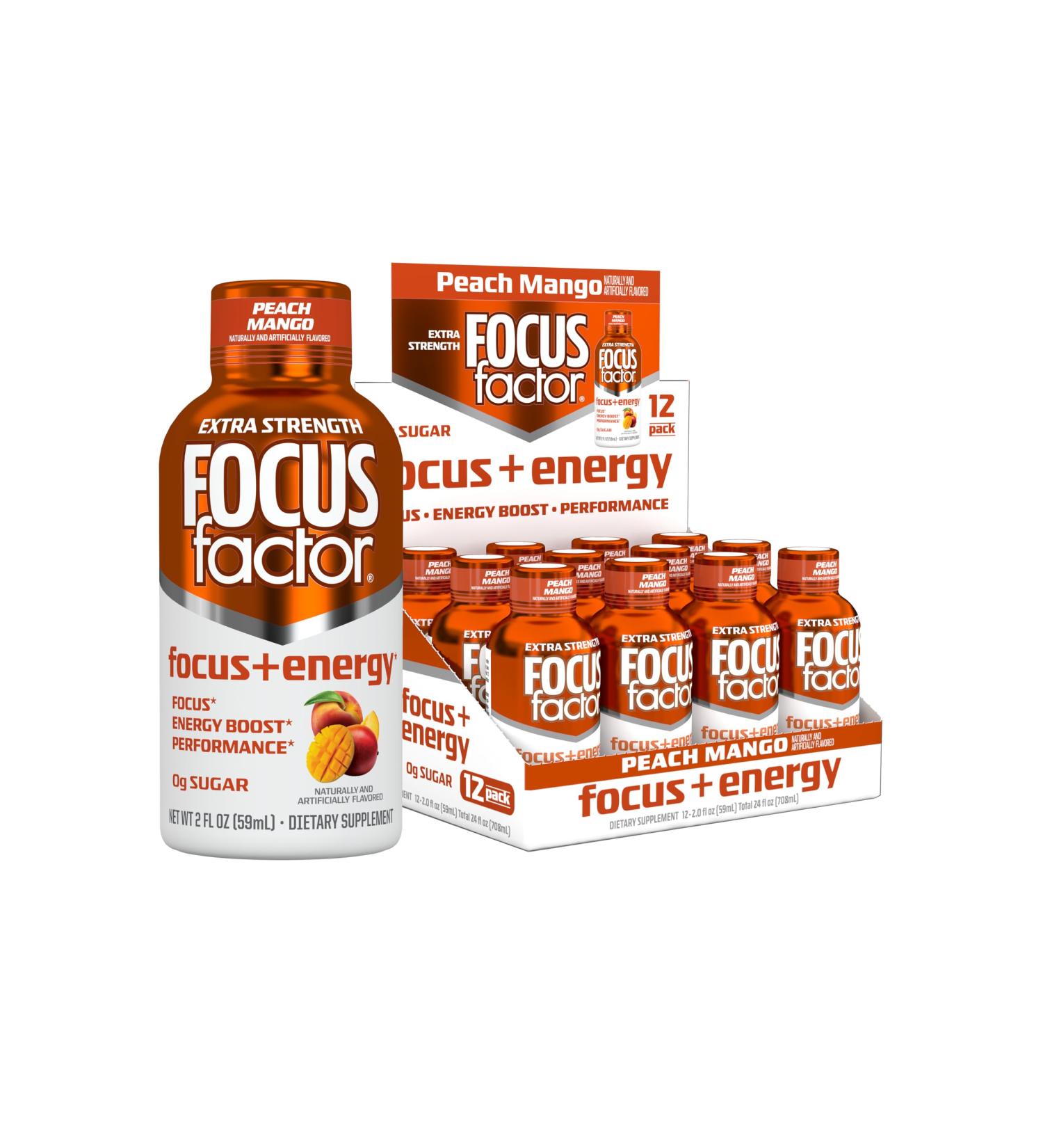 Focus Factor Extra Strength Focus + Energy Shots - 12 x 2oz Bottles (Peach Mango Flavor) - Powered by Nootropics with Caffeine, L-Theanine, Ginkgo, Bacopa, L-Tyrosine, Alpha GPC - Buy Online on GoSupps.com