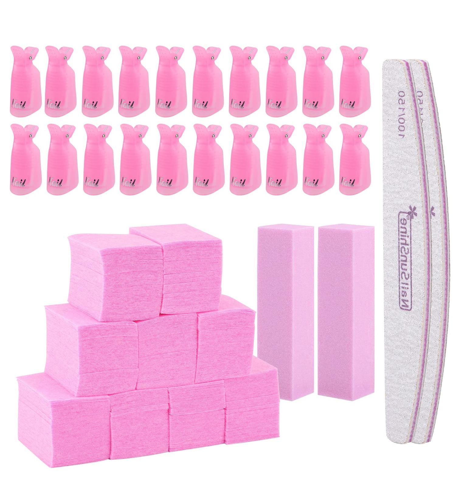 Gel Nail Polish Remover Kit: 600 Pink Lint Free Wipes, 20 Remover Cap Clips, 100/150 Nail Files, Buffer Block - Pink - Buy Online on GoSupps.com