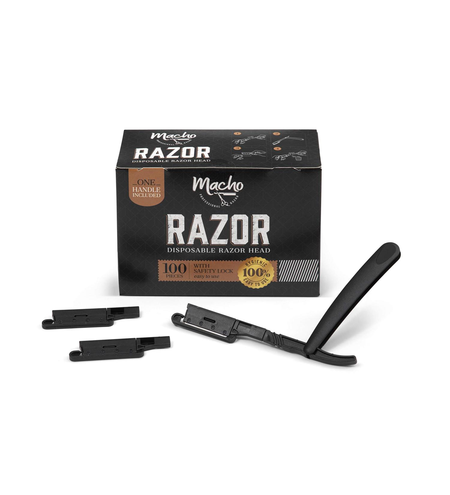Professional Barber Macho Straight Razor Handle with 100 Disposable Heads - Safety-Lock, Plastic Handle - Buy Online on GoSupps.com