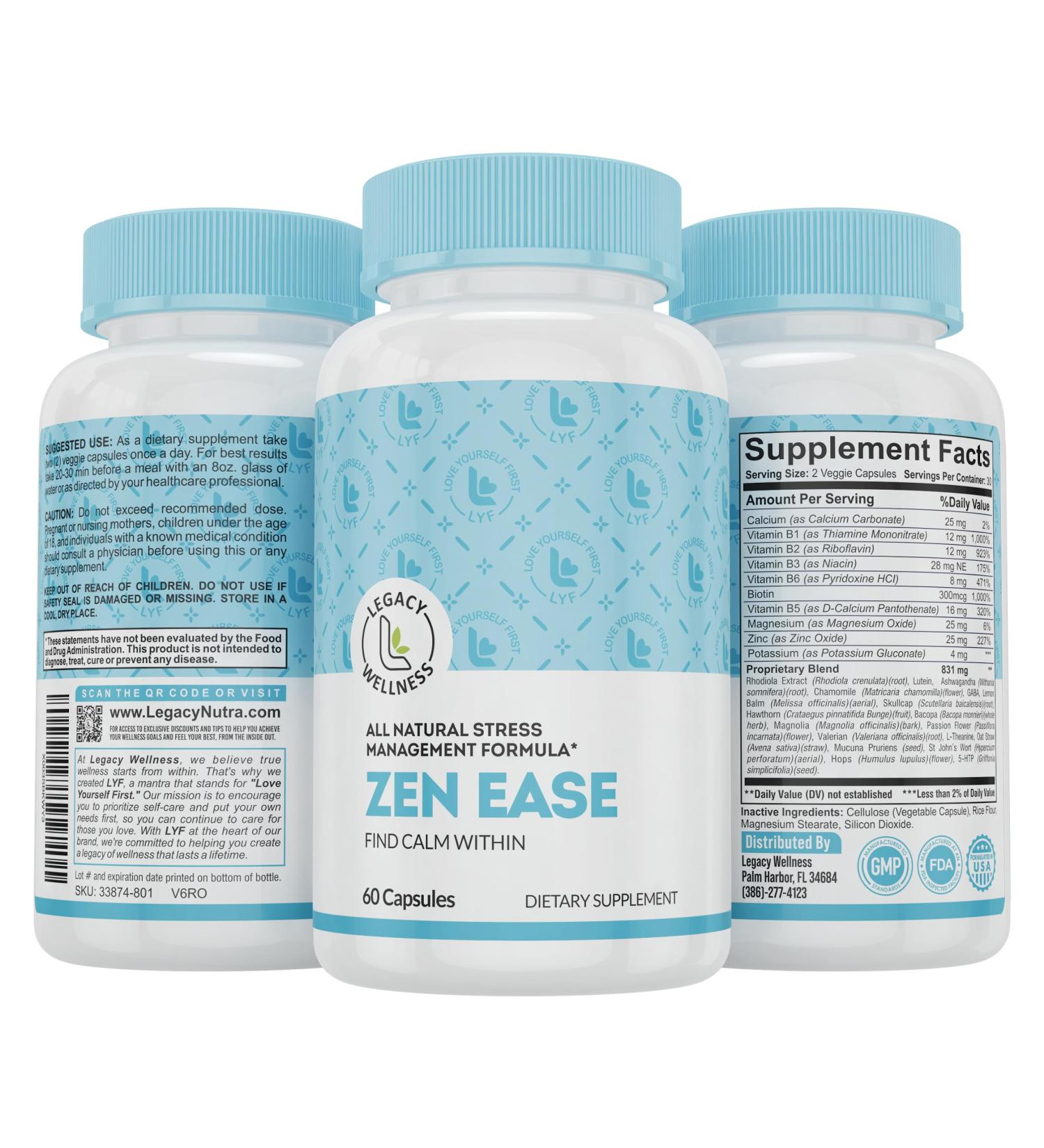 Legacy Wellness Zen Ease Calm Mind Supplement - Natural Vegan Formula with 5-HTP Ashwagandha & L-Theanine - Promote Peace & Relaxation - International Shipping Available - Buy Online on GoSupps.com