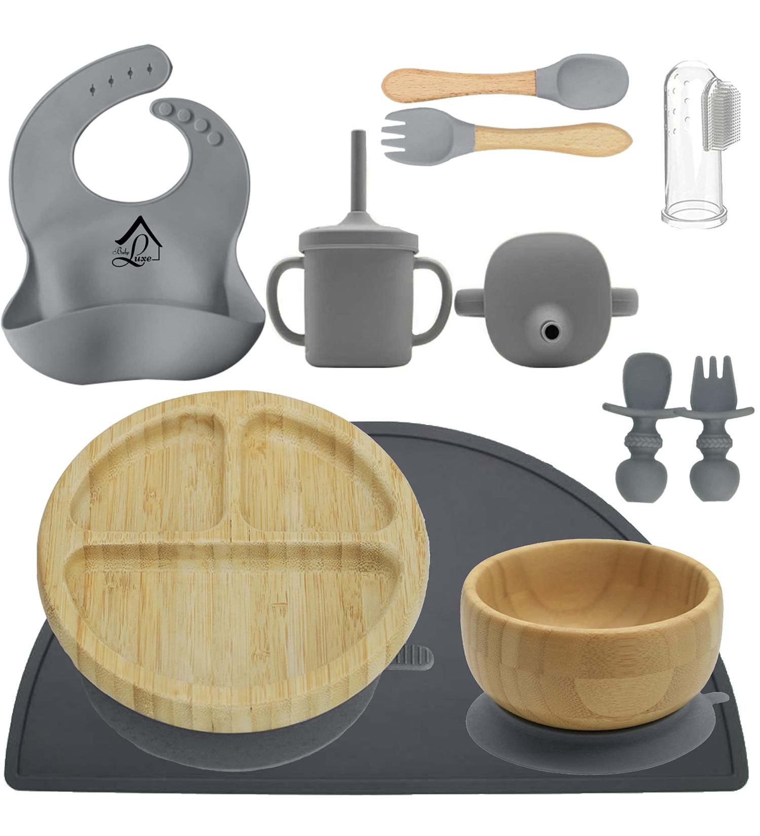 Bamboo Weaning Set + Toothbrush Teether | Baby Luxe 10 Piece Divided Suction Tableware Set for Self Feeding | Charcoal Grey - Buy Online on GoSupps.com