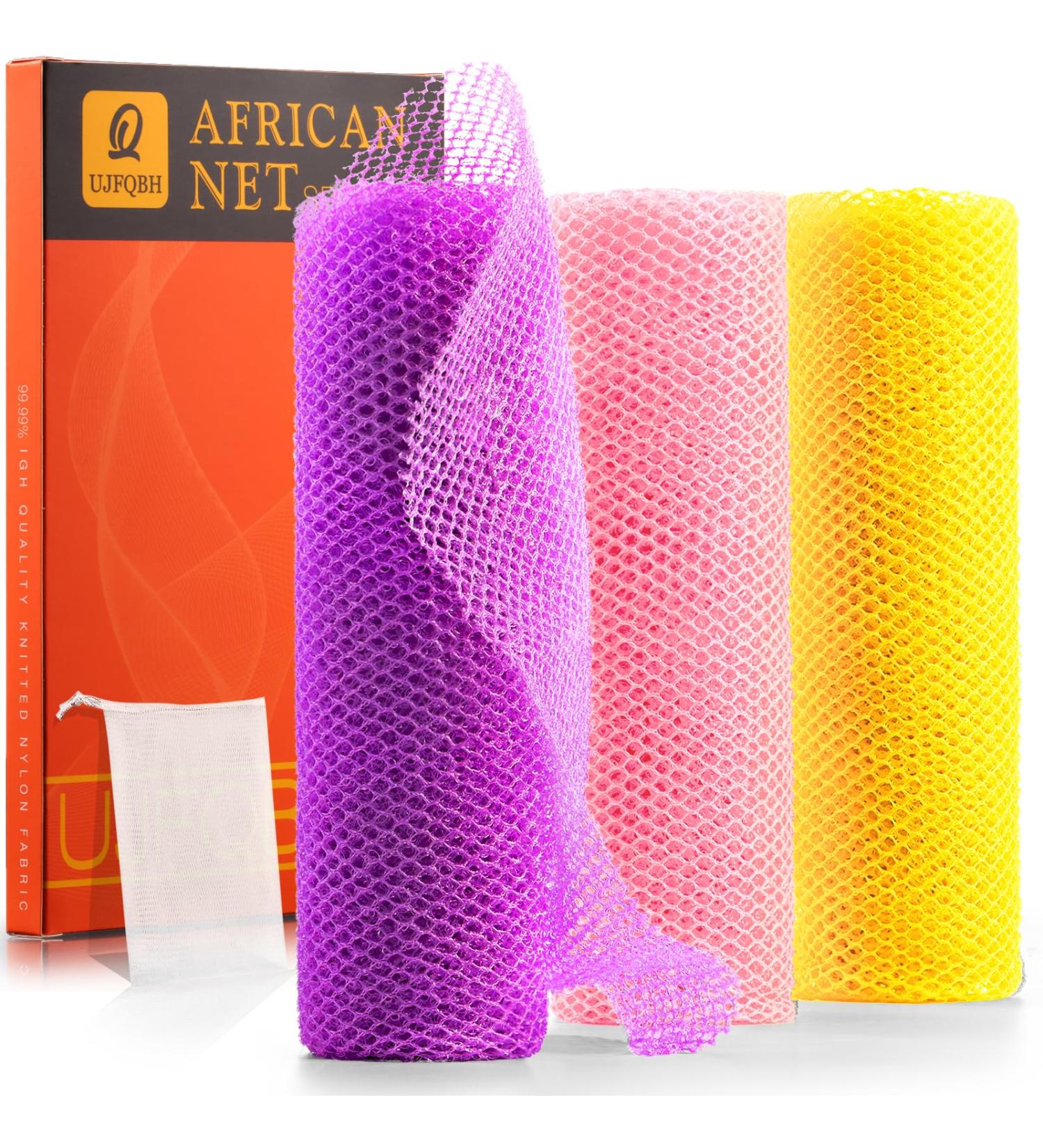 UJFQBH 3 Pieces African Net Sponge Set - Exfoliating Shower Body Scrubber for Smooth Skin | Back Scrubber - Pink Yellow Purple - Buy Online on GoSupps.com
