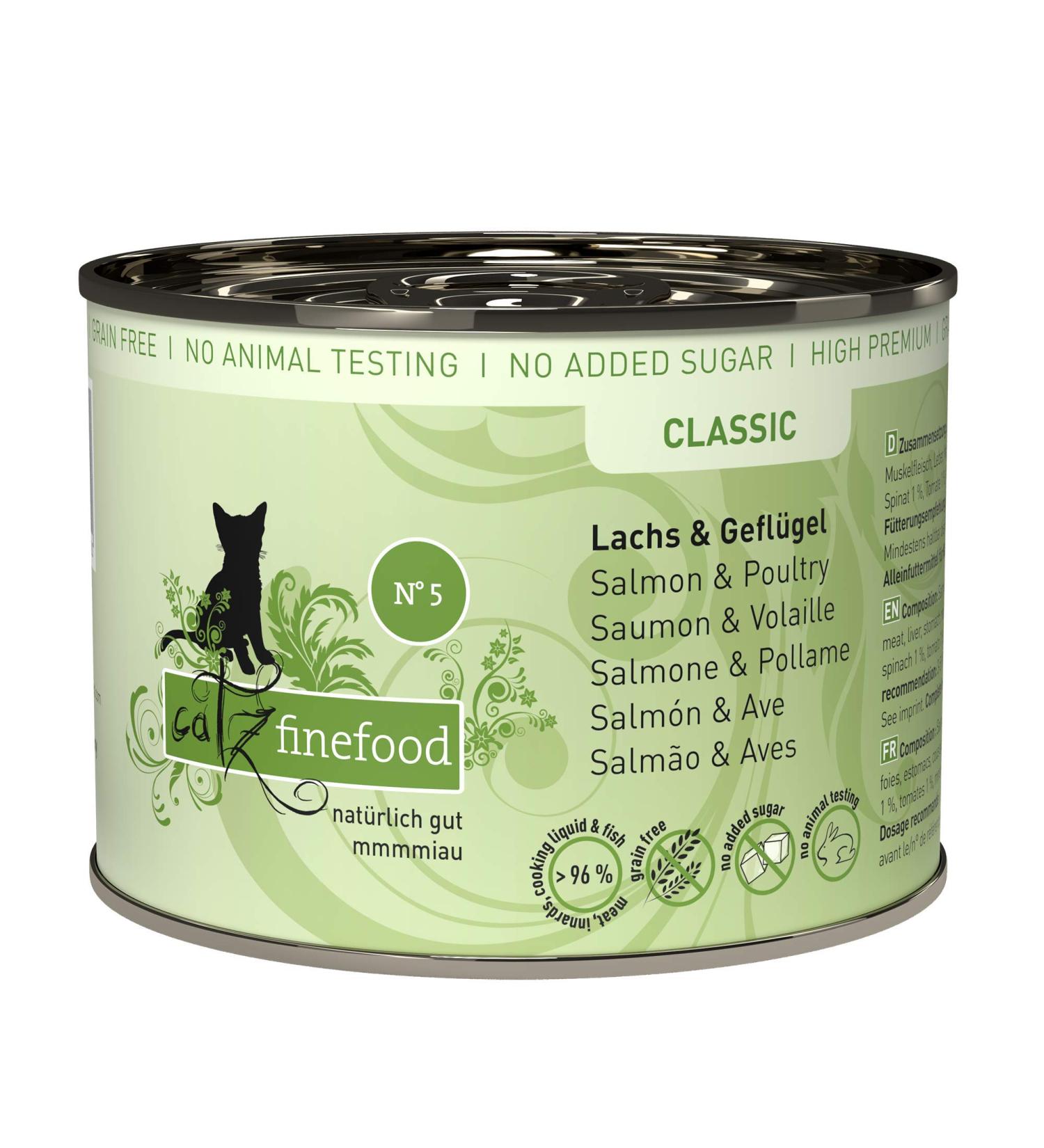 Buy Catz Finefood N 5 Salmon & Poultry Delicatessen Wet Cat Food - Refined with Spinach & Tomato | 6 x 200g Cans - Premium International Shipping - Buy Online on GoSupps.com