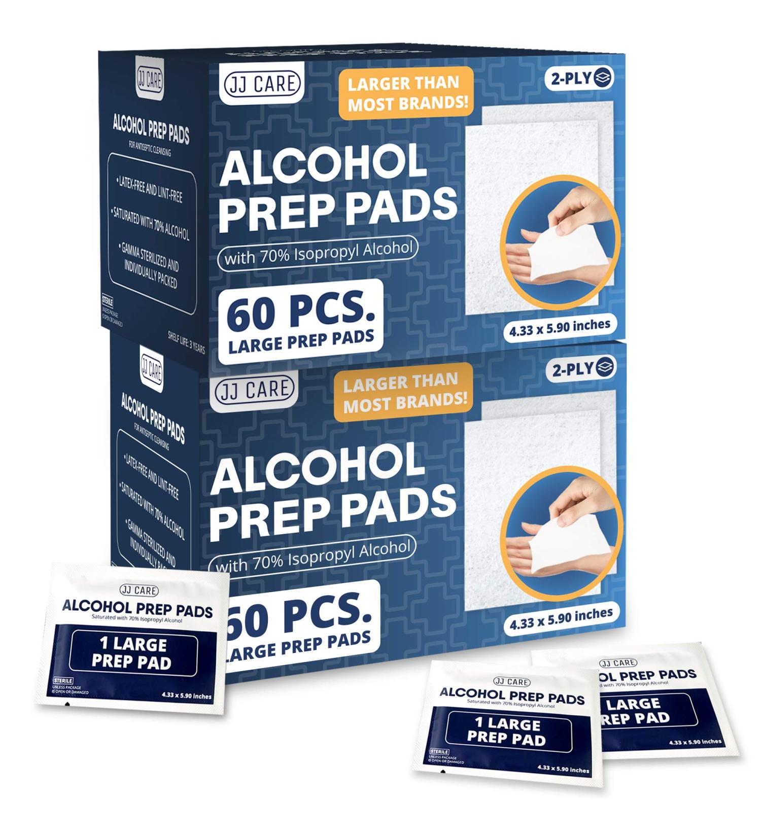 JJ CARE Large Alcohol Prep Pads 70% Isopropyl Alcohol - Pack of 120, Individually Wrapped, Sterile 2-Ply Alcohol Wipes 4.33x5.90 Inch - Buy Online on GoSupps.com