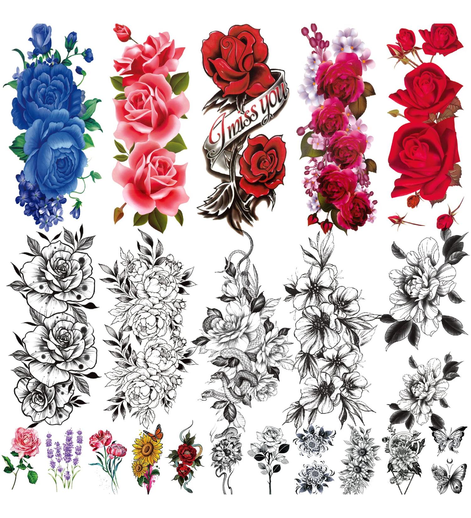 Jeefonna Flowers Temporary Tattoos for Women - 21 Waterproof Fake Rose Peony Body Art Arm Tattoo Stickers - Buy Online on GoSupps.com