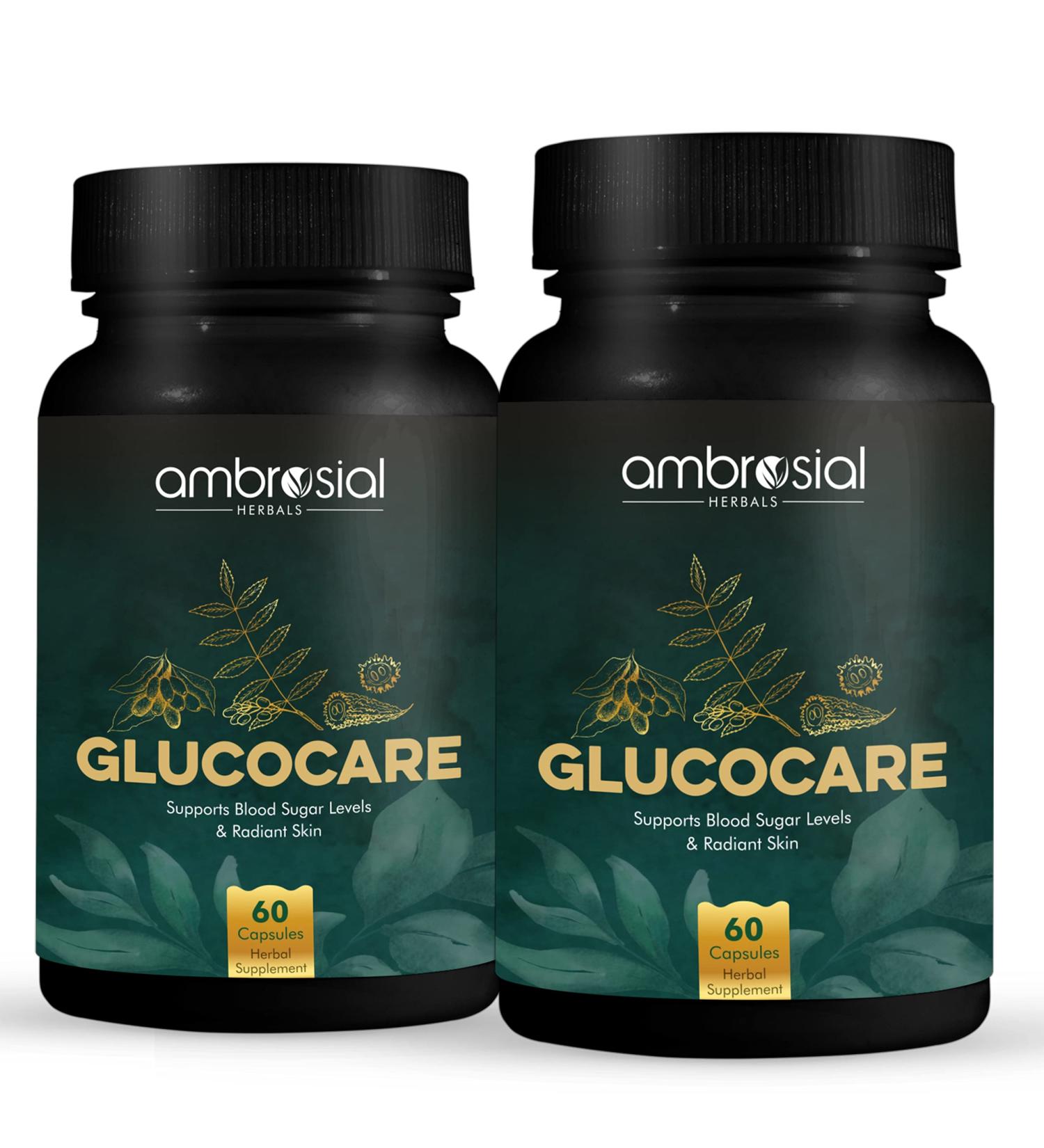 Ambrosial Glucocare - 100% Natural Sugar & Diabetes Support | Bitter Melon Neem & Black Plum | 120 Capsules (Pack of 2) | International Shipping - Buy Online on GoSupps.com