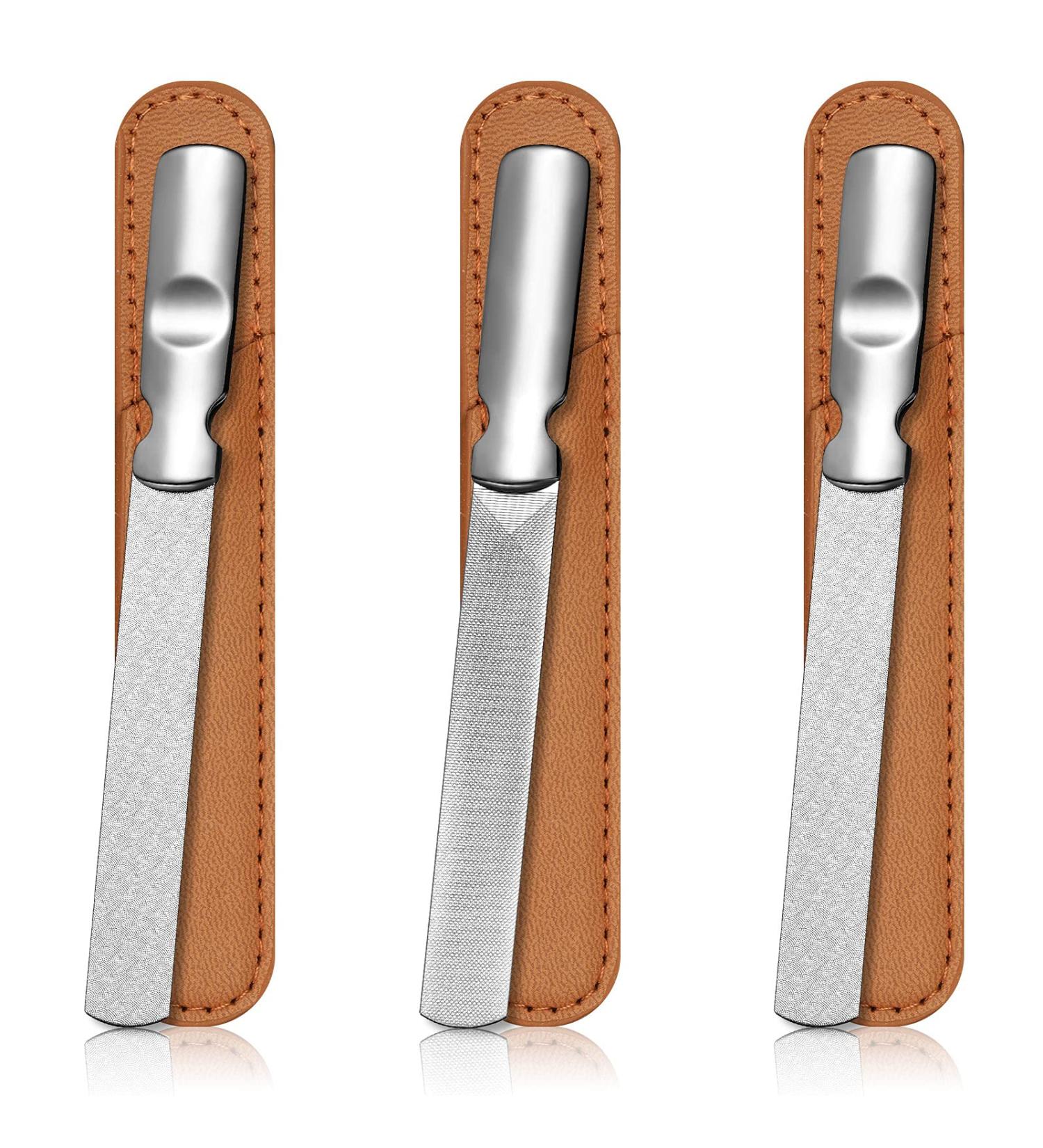 3-Piece Stainless Steel Nail File Set with Leather Case - Double Sided Heavy Duty Manicure Tools in Brown Sheath - Buy Online on GoSupps.com