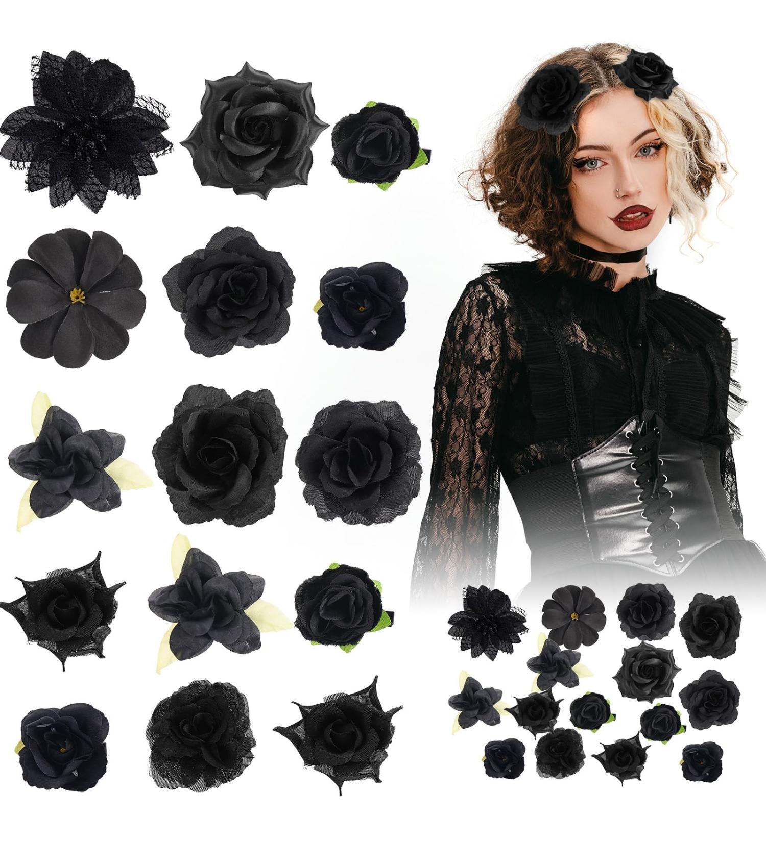 21 Pieces Flower Hair Clips Rose Flower Hair Barrettes Boho Bride Claw Clip Hawaiian Artificial Flower Hairpin Clip Brooch Pin Headpiece Hair Accessories for Girls Wedding Party Halloween (black) - Buy Online on GoSupps.com