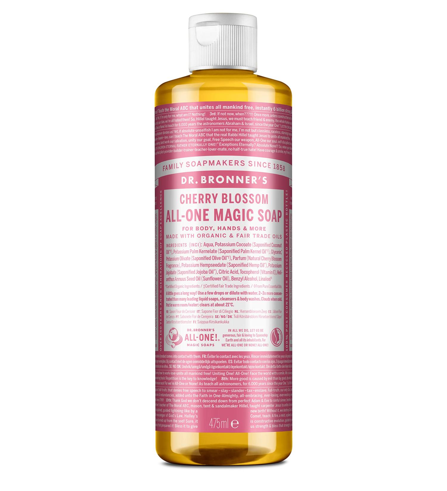 Dr. Bronner's Cherry Blossom Pure Castile Liquid Soap - 18-in-1 Formula for Face, Body, Hair, Laundry & Dishes - Non-GMO, Fair Trade, Vegan - 473ml Recycled Bottle - Buy Online on GoSupps.com
