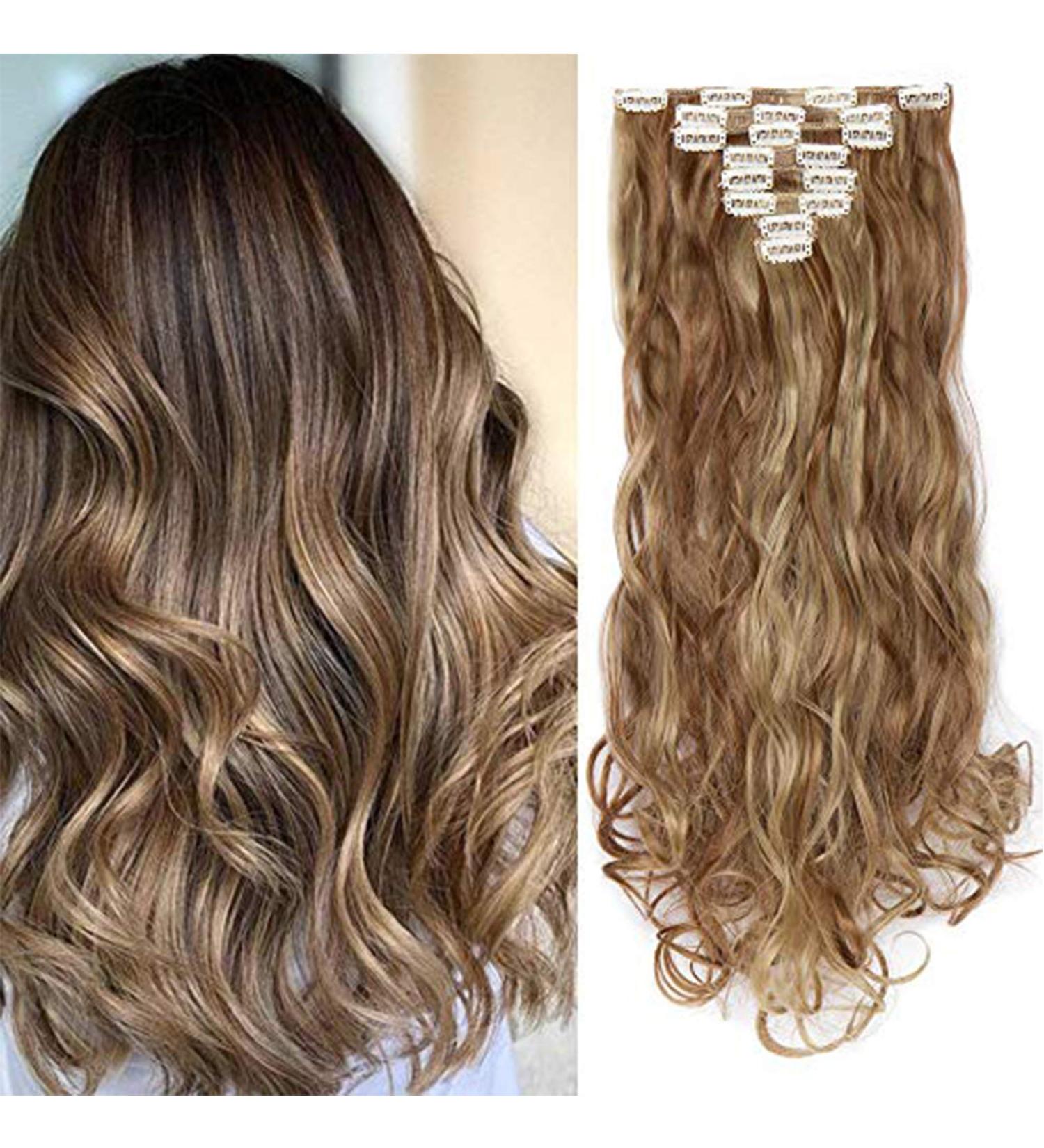 SILK-CO Long Curly Wavy Clip in Hair Extensions - 24 Synthetic Heat Resistant, 8 Pcs Full Head, 18 Clips, Light Brown&Blond - Buy Online on GoSupps.com