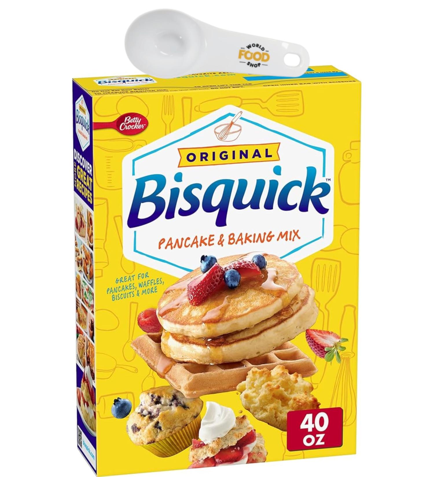 Bisquick Pancake & Baking Mix 40oz with World Food Shop Scoop | Versatile Baking Essentials - Convenient Scoop Included - Pancake Mix