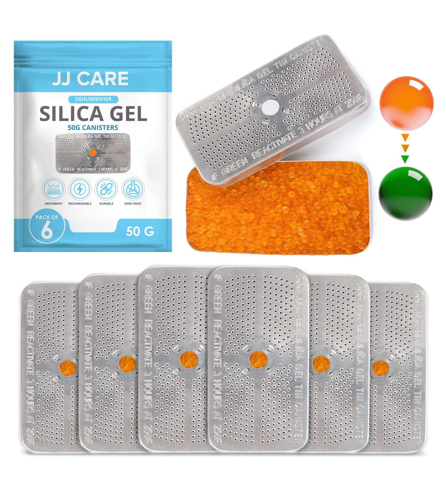 JJ CARE Silica Gel Canister 50g Pack of 6 - Rechargeable Dehumidifier Beads for Gun Safe Vault Car & Bedroom - Safe Moisture Absorber (Orange to Green - Buy Online on GoSupps.com