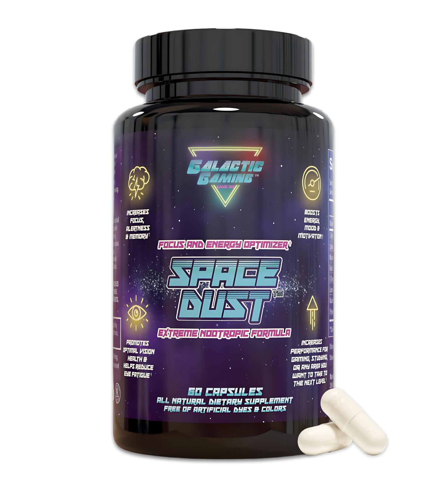 Space Dust - All-Natural Nootropic for Focus & Energy | 60 Capsules | Boost Memory Motivation & Cognitive Function with Teacrine Caffeine & Amino Acids | International Shipping Available - Buy Online on GoSupps.com