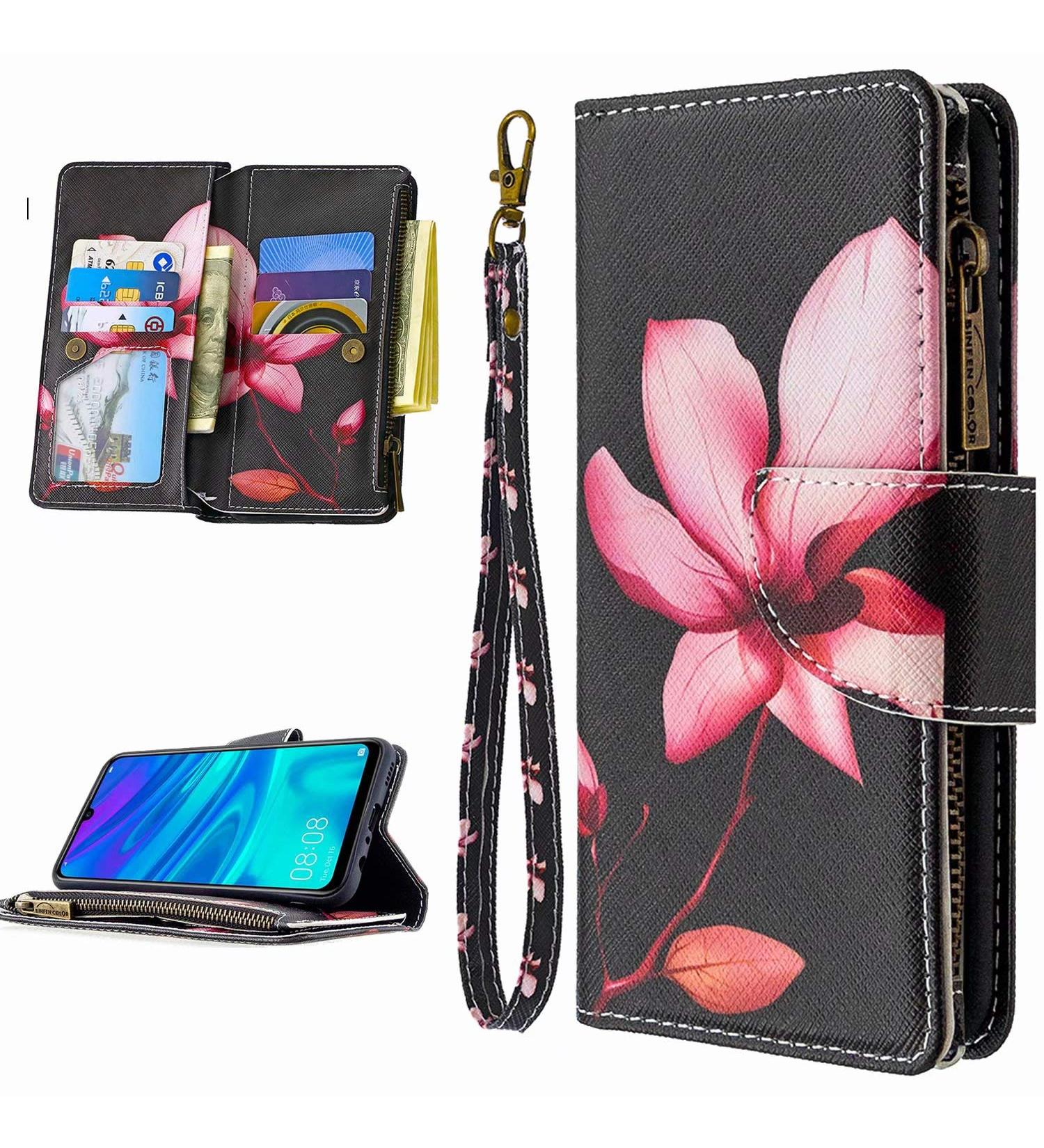 Buy Miago 9 Card Slots Leather Cover for Huawei Y6 2019 | Colorful Zipper Flip Wallet Case | PU Leather Pocket Protective Cover | Pink Flower Design - Buy Online on GoSupps.com
