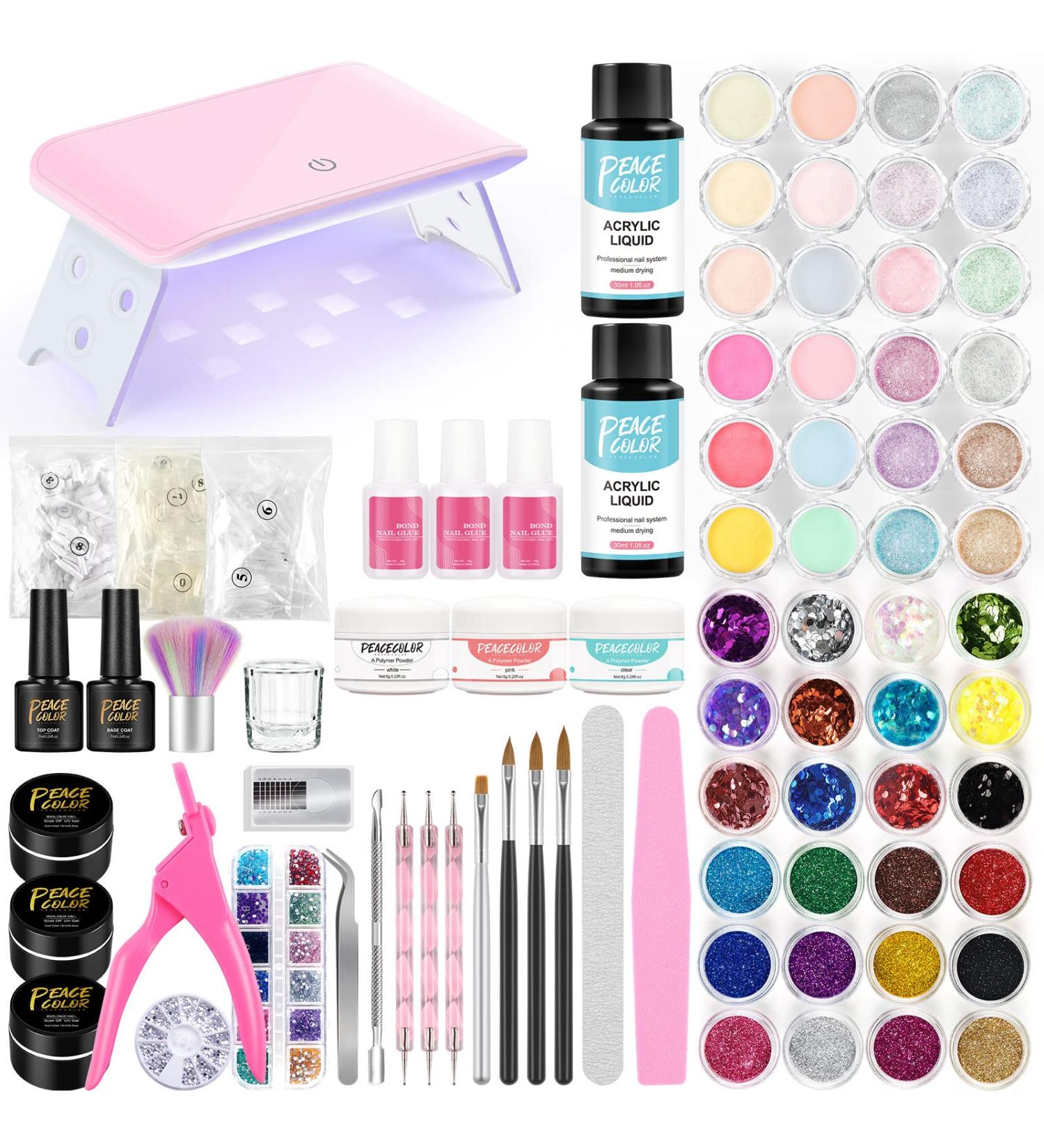 PEACECOLOR Acrylic Nail Kit with Nail Lamp White Pink Clear Acrylic Powder and Liquid UV Builder Nail Gel Base and Top Coat 48Pcs Glitter Powder Sequins Acrylic Nails Supplies AC-22 - Buy Online on GoSupps.com