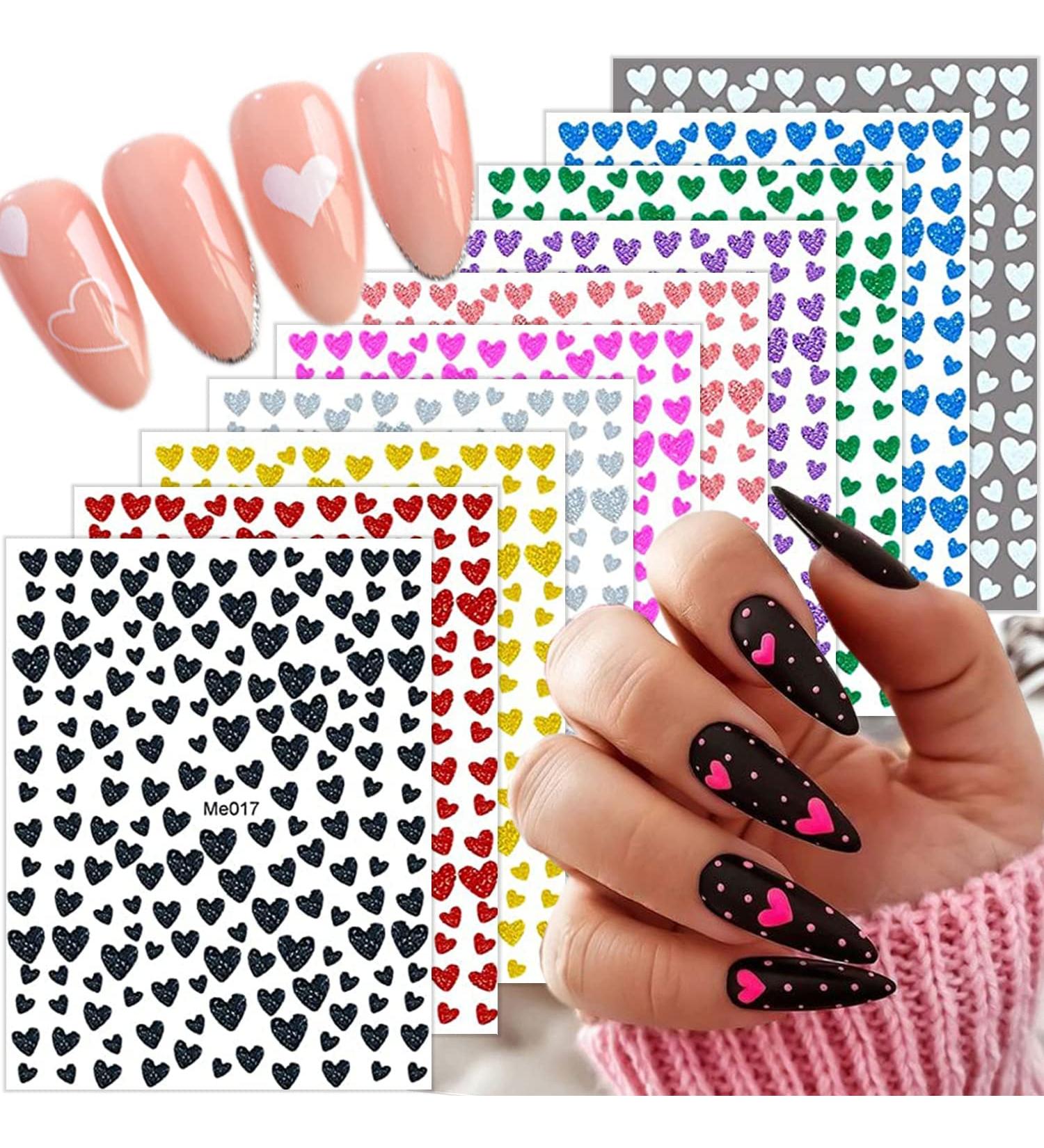 Taicols 10 Sheets 3D Design Nail Stickers Glitter Heart Nail Stickers Self-Adhesive Valentine's Day Nail Stickers Shiny Love Heart Nail Stickers DIY Nail Art Nails Decoration for Women Girls - Buy Online on GoSupps.com