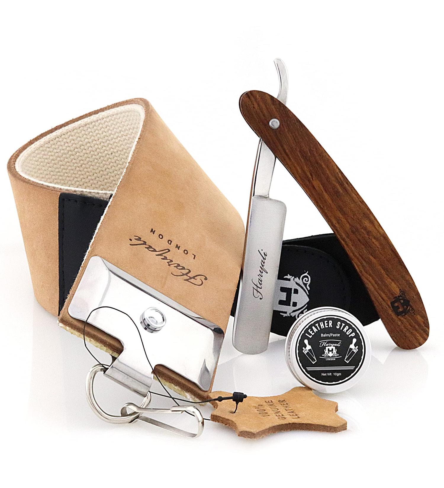 Haryali London 3 Pc Shaving Kit: Cut Throat Razor, Wooden Shaving Kit, Leather Strop & Honing Compound - Vintage Style Set, Perfect Gift - Buy Online on GoSupps.com