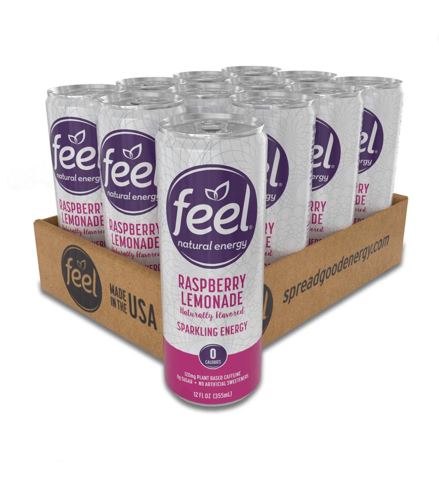 FEEL Sparkling Raspberry Lemonade Energy Drink | Zero Sugar, L-Theanine & Green Coffee | 12 oz (Pack of 12) - Buy Online on GoSupps.com