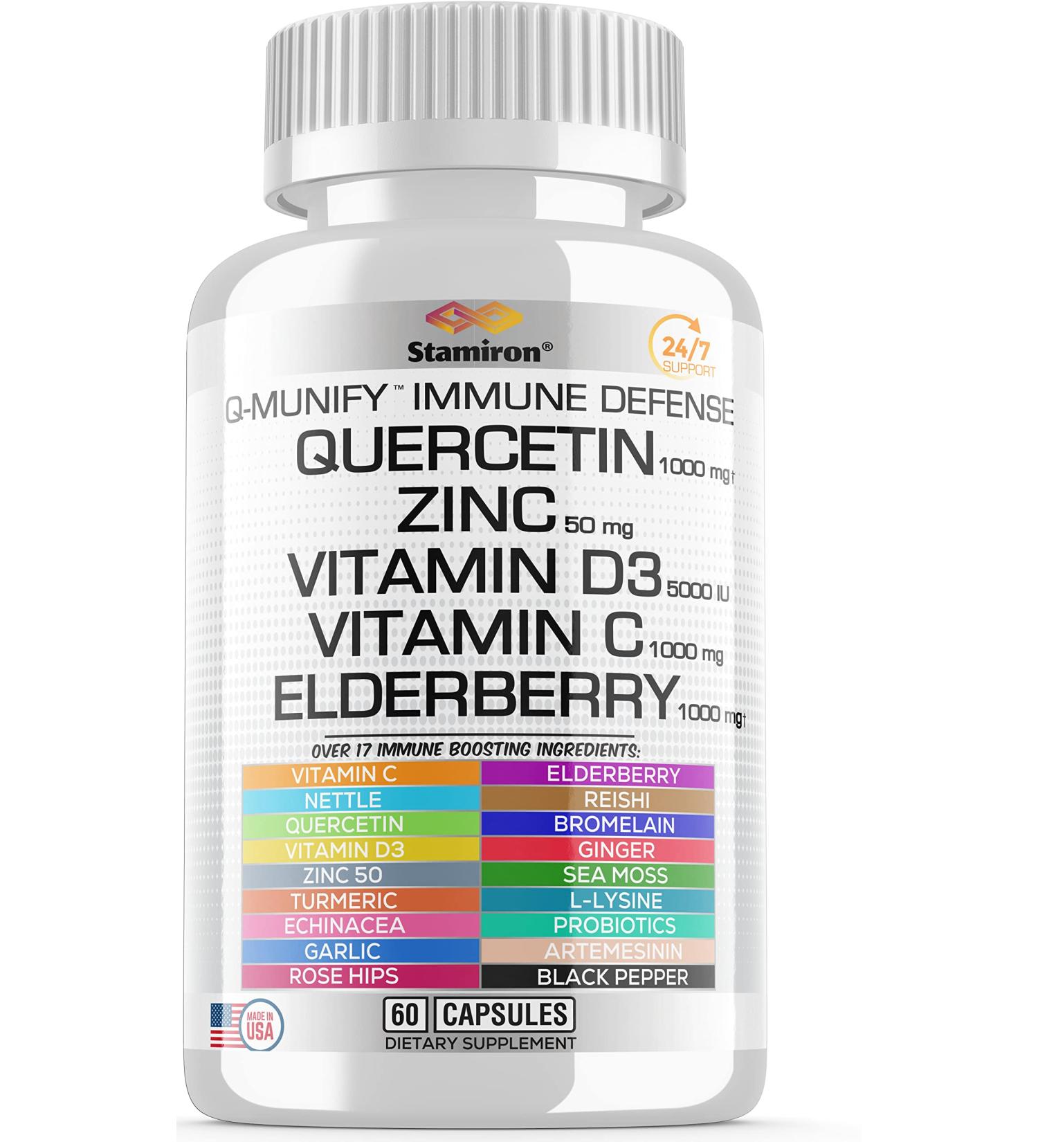 Stamiron Immune Support Supplement with Quercetin, Zinc, Vitamin C, D3, Elderberry, Echinacea, Turmeric - 60ct - Buy Online on GoSupps.com