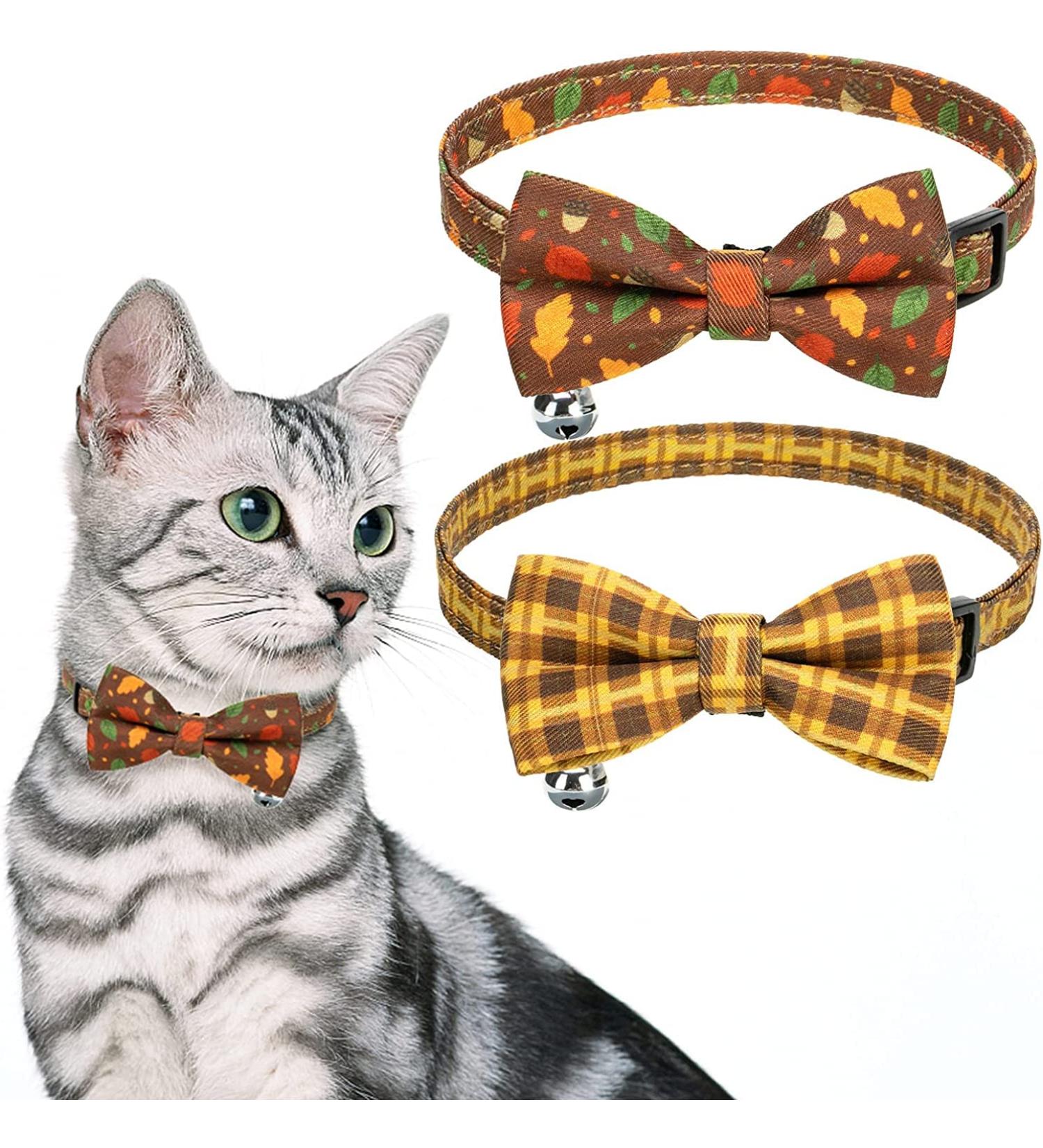 Thanksgiving Cat Bowtie Collar Set: Turkey & Plaid Print | Pack of 2 with Bell | Fall Kitten Accessories - Buy Online on GoSupps.com