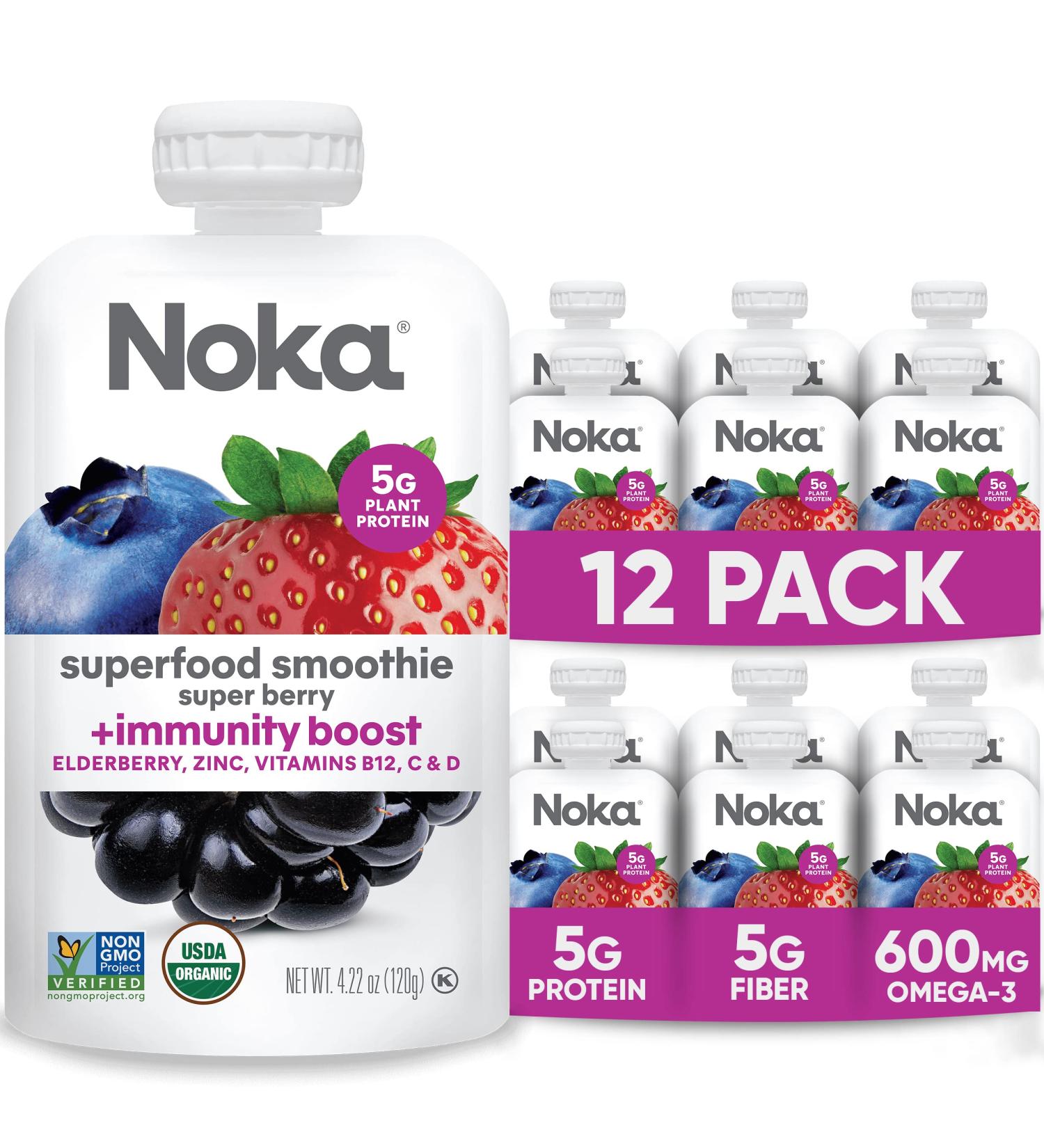 Noka Super Berry Immune Support Smoothie Pouches - 12 Pack, Vegan & Gluten-Free with Flax Seed, Plant Protein, Vitamin C, D & B12, Elderberry, Zinc - Organic 4.22oz - Buy Online on GoSupps.com