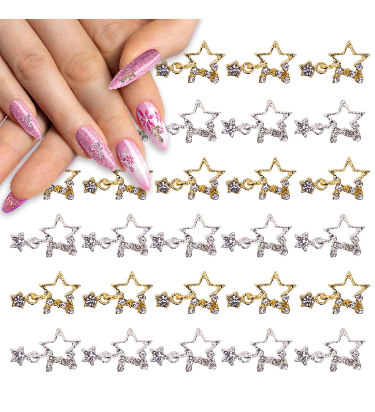 Lusofie 30Pcs 3D Star Rhinestone Nail Charms - Silver & Gold Alloy Star Gems for Nail Designs - DIY Nail Accessories - Buy Online on GoSupps.com