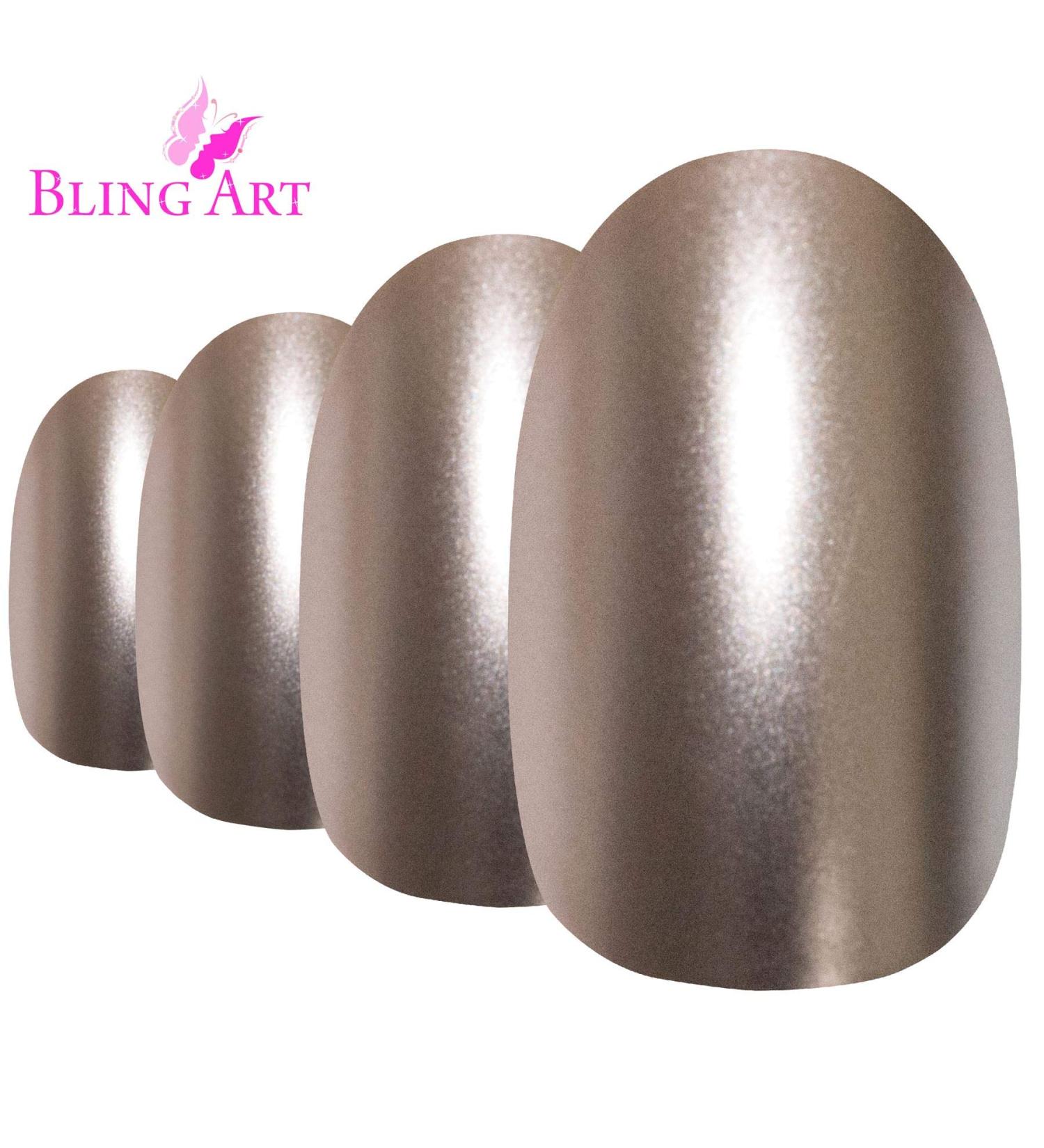 Shop Bling Art Beige Metallic Oval False Nails - 24 Medium Tips | Premium Artificial Nails for Flawless Style - Buy Online on GoSupps.com