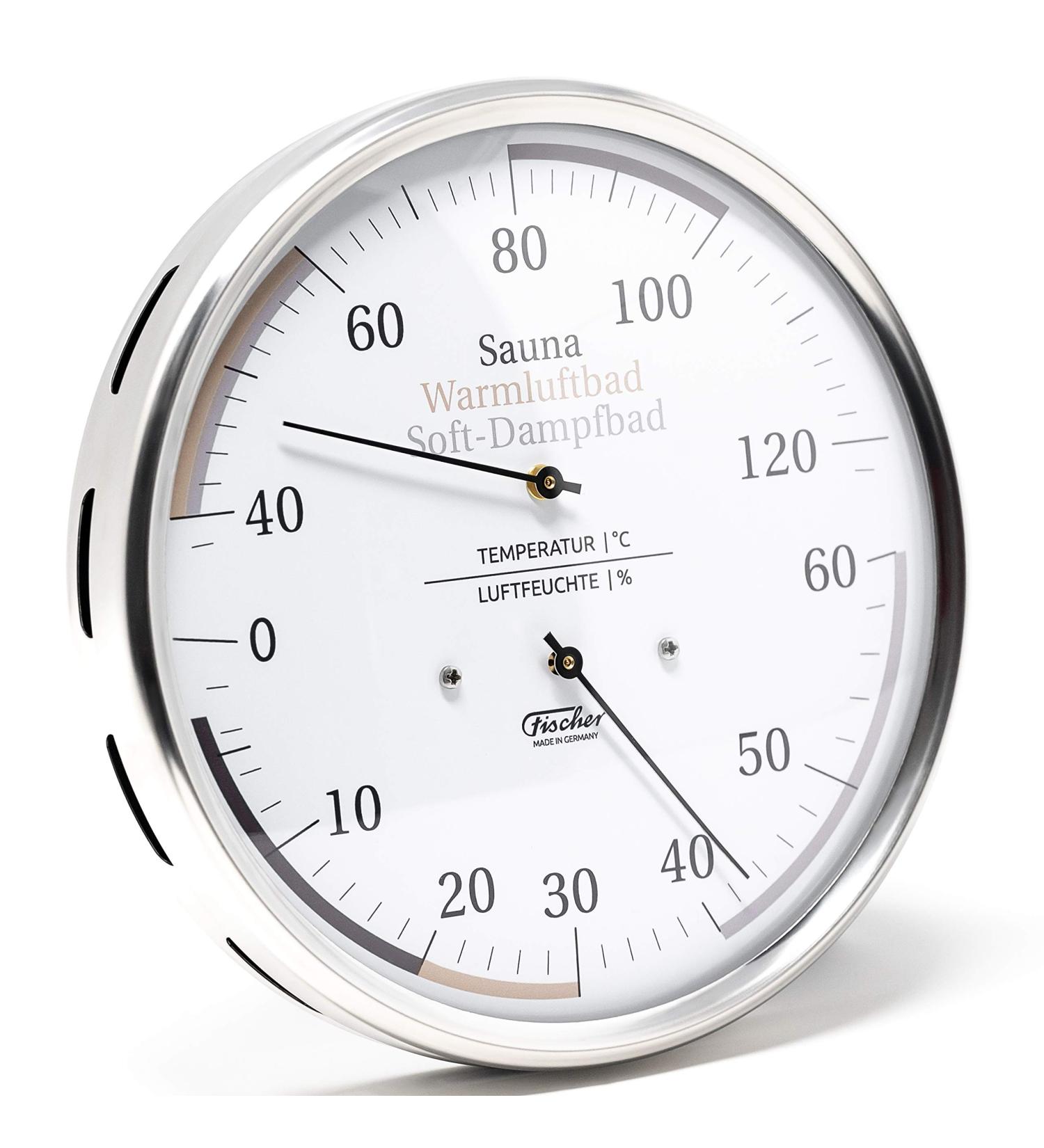 Fischer 185.01 Sauna Thermohygrometer 160mm - German Stainless Steel Hair Hygrometer & Bimetal Thermometer for Accurate Humidity & Temperature Monitoring - Buy Online on GoSupps.com