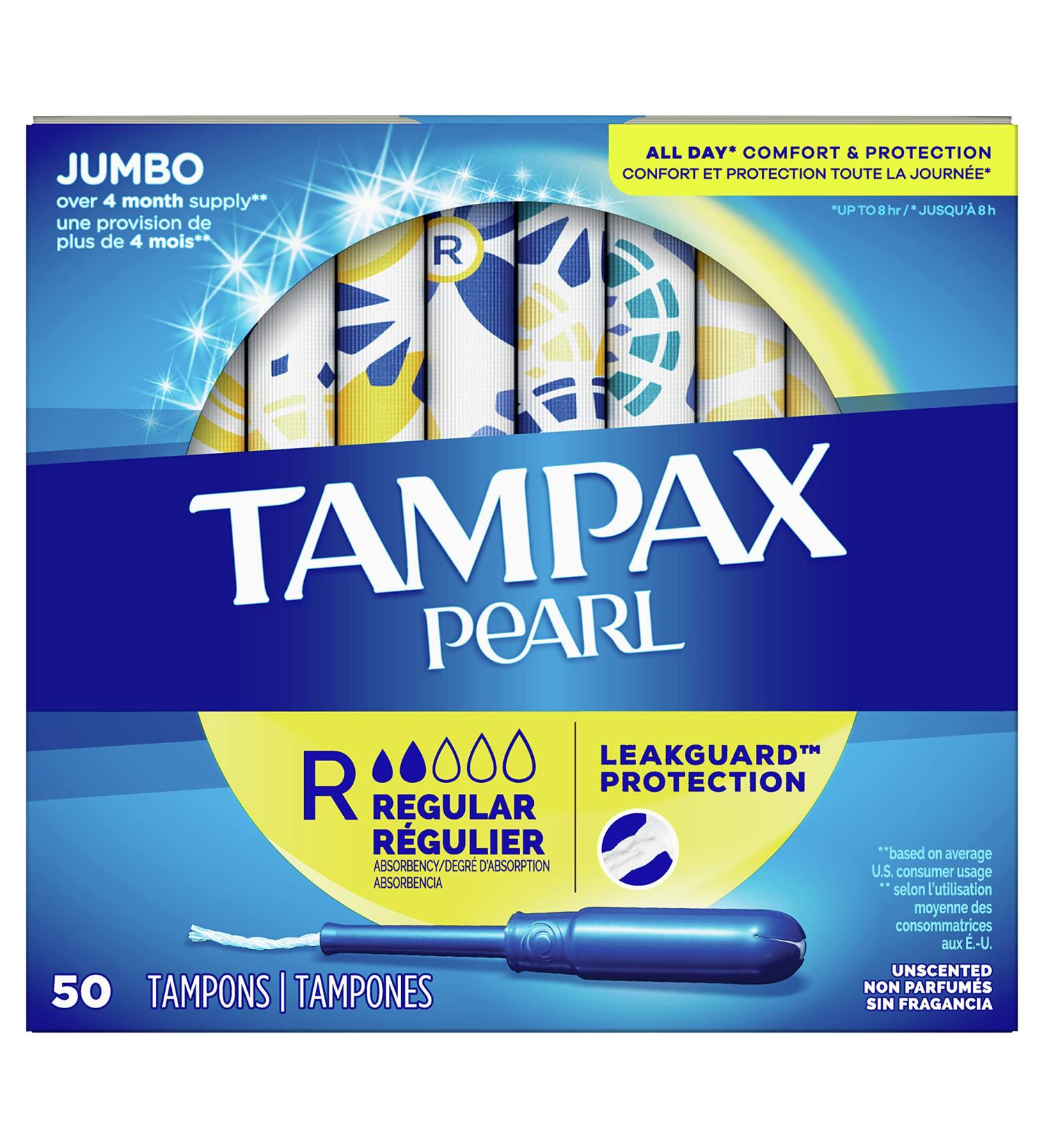 Tampax Pearl Tampons with Plastic Applicator Regular Absorbency 50 Count Pack of 4 (200 Count Total) OLD