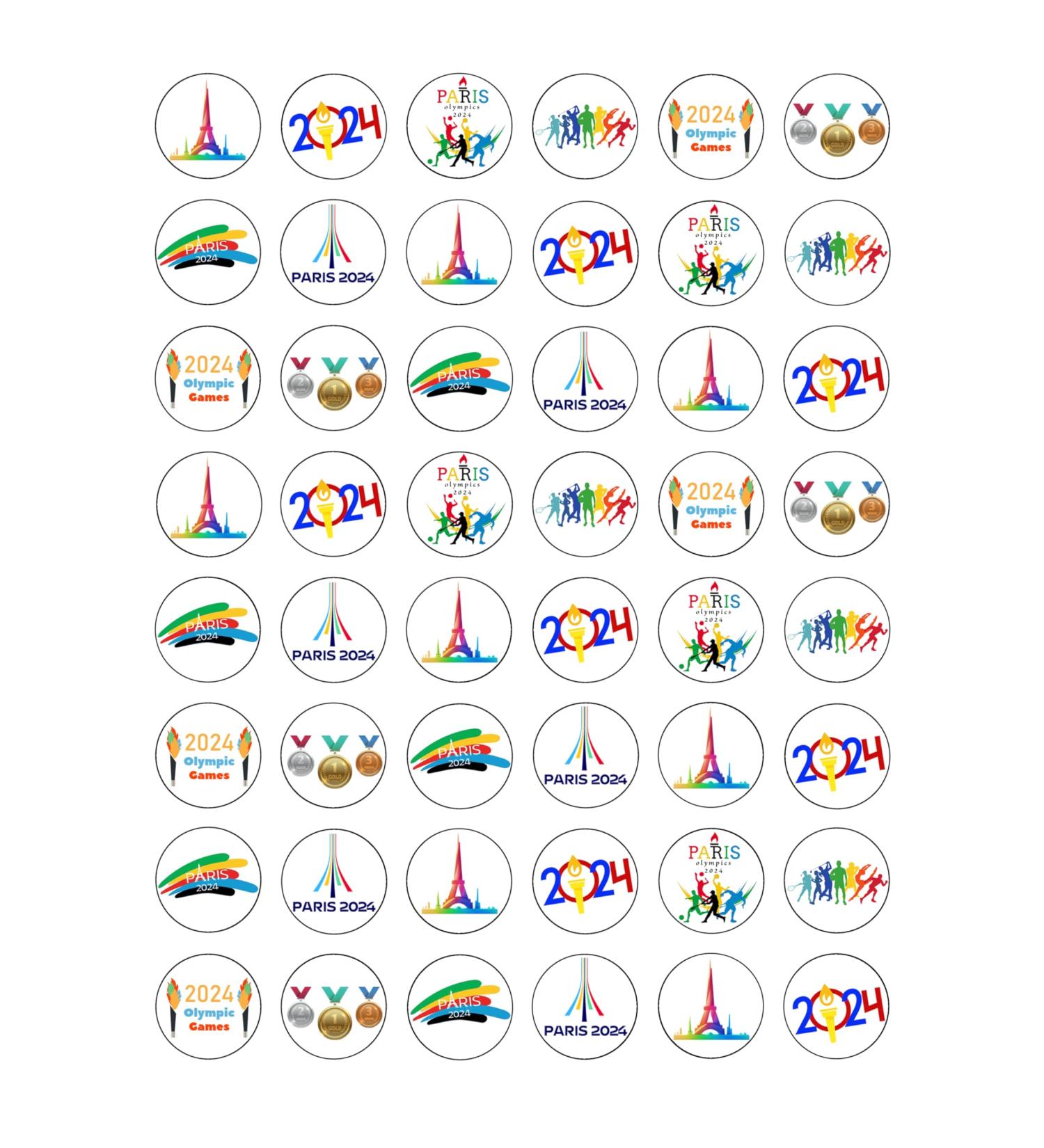 48 Olympics Paris France 2024 Themed Edible Wafer Paper Cake Toppers Decorations - 2.5cm circles