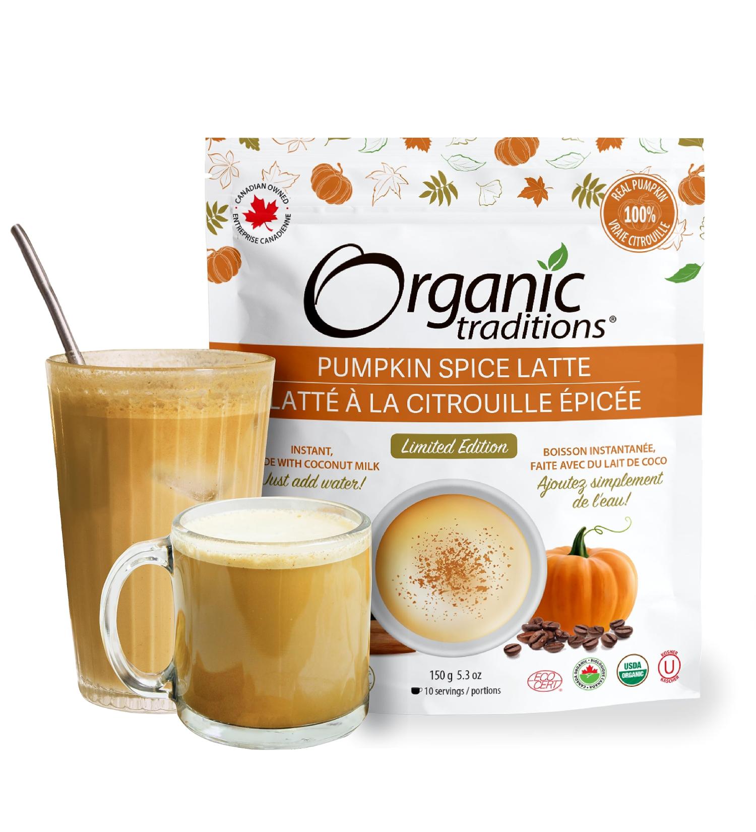 Organic Traditions Pumpkin Spice Latte 150g - Dairy-Free Organic Drink Mix with Real Pumpkin, Instant Coffee, and Spices - Limited Edition 5.3oz - Buy Online on GoSupps.com