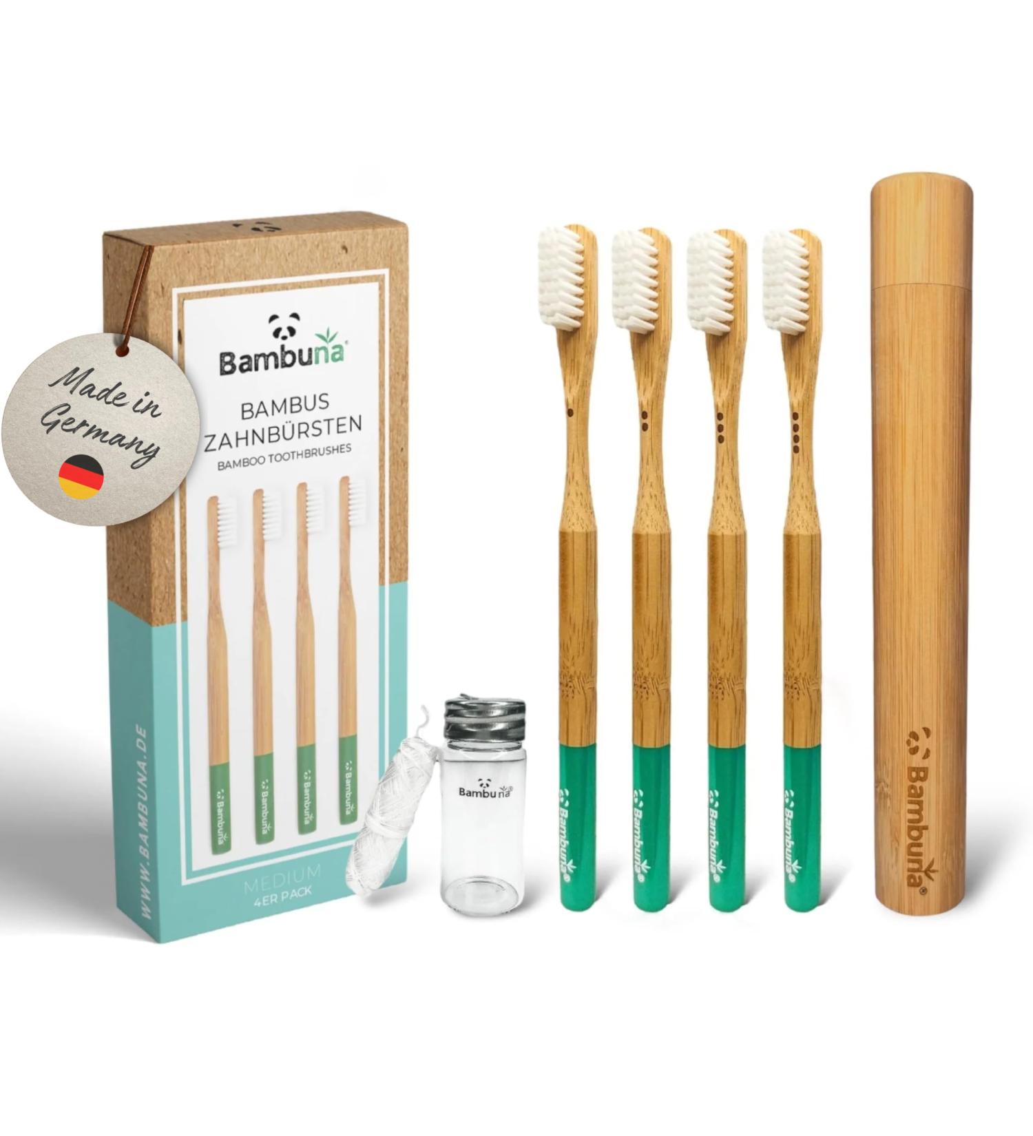 Bambuna Bamboo Toothbrush Set - 4-Part with Travel Case & Mint Tooth Silk | Medium-Soft Bristles | Vegan Dental Floss | Eco-Friendly & Made in Germany - Buy Online on GoSupps.com