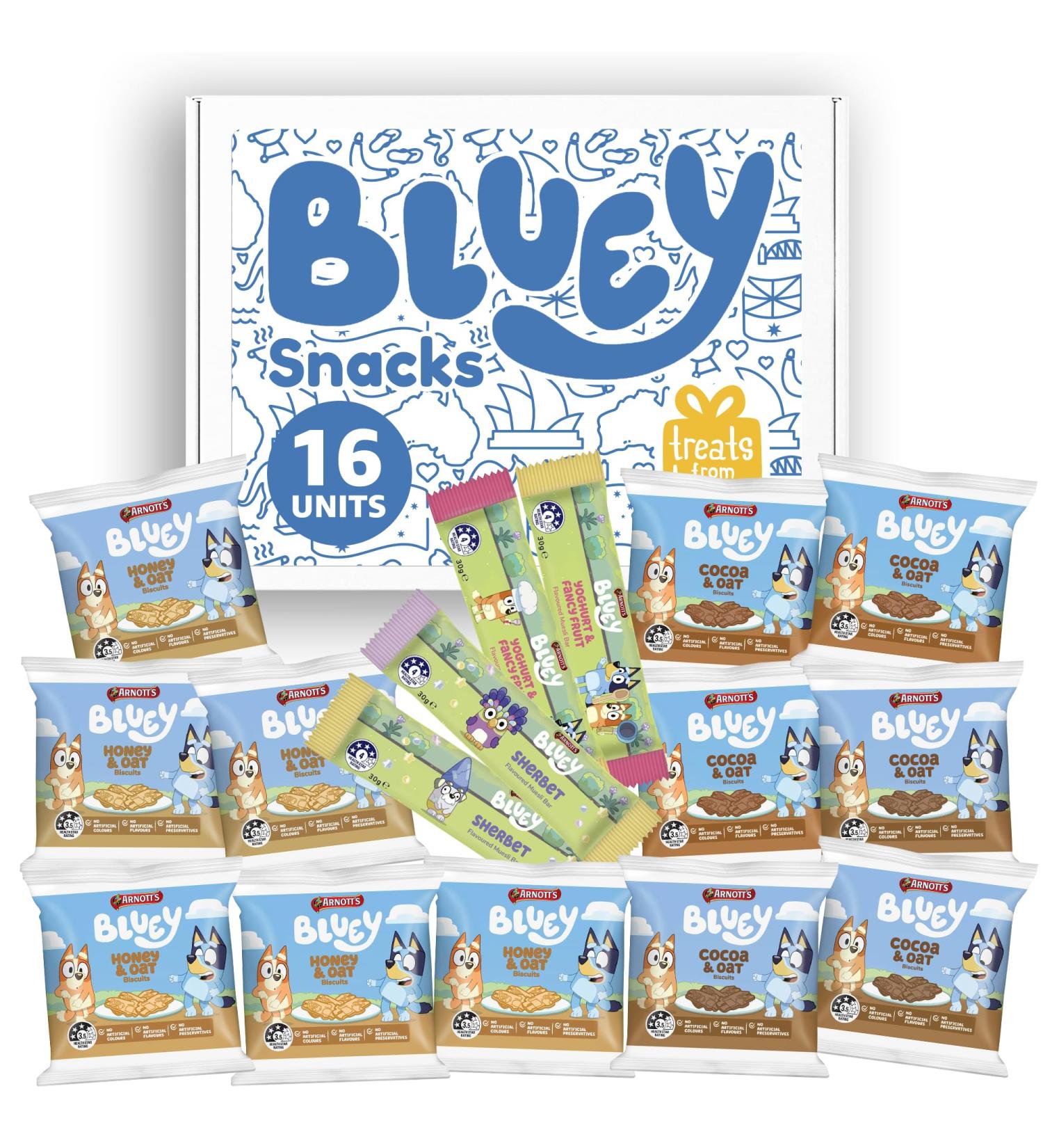 Bluey Snack Arnott's Multipack 12 Mini Cocoa & Honey Oat Flavored Cookies & 4 Fruit Muesli Bars- 16 Pack - Perfect Bluey Snacks for Kids Ideal for Bluey Birthday Party Supplies Bluey Party Favors a - Buy Online on GoSupps.com