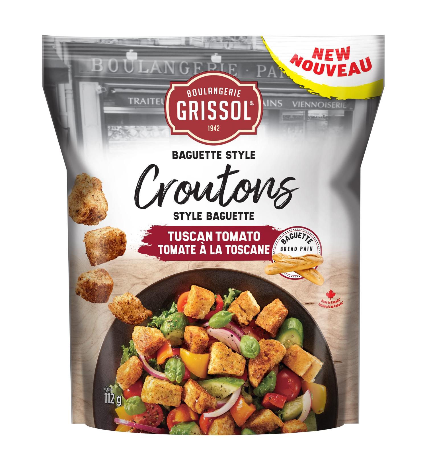 Boulangerie Grissol Croutons Baguette Style Tuscan Tomato - Add Delicious Flavour and Crunchy Texture to Your Salads and Soups 112g Unit Pack Croutons Tuscan Tomato 112 g (Pack of 1) - Buy Online on GoSupps.com