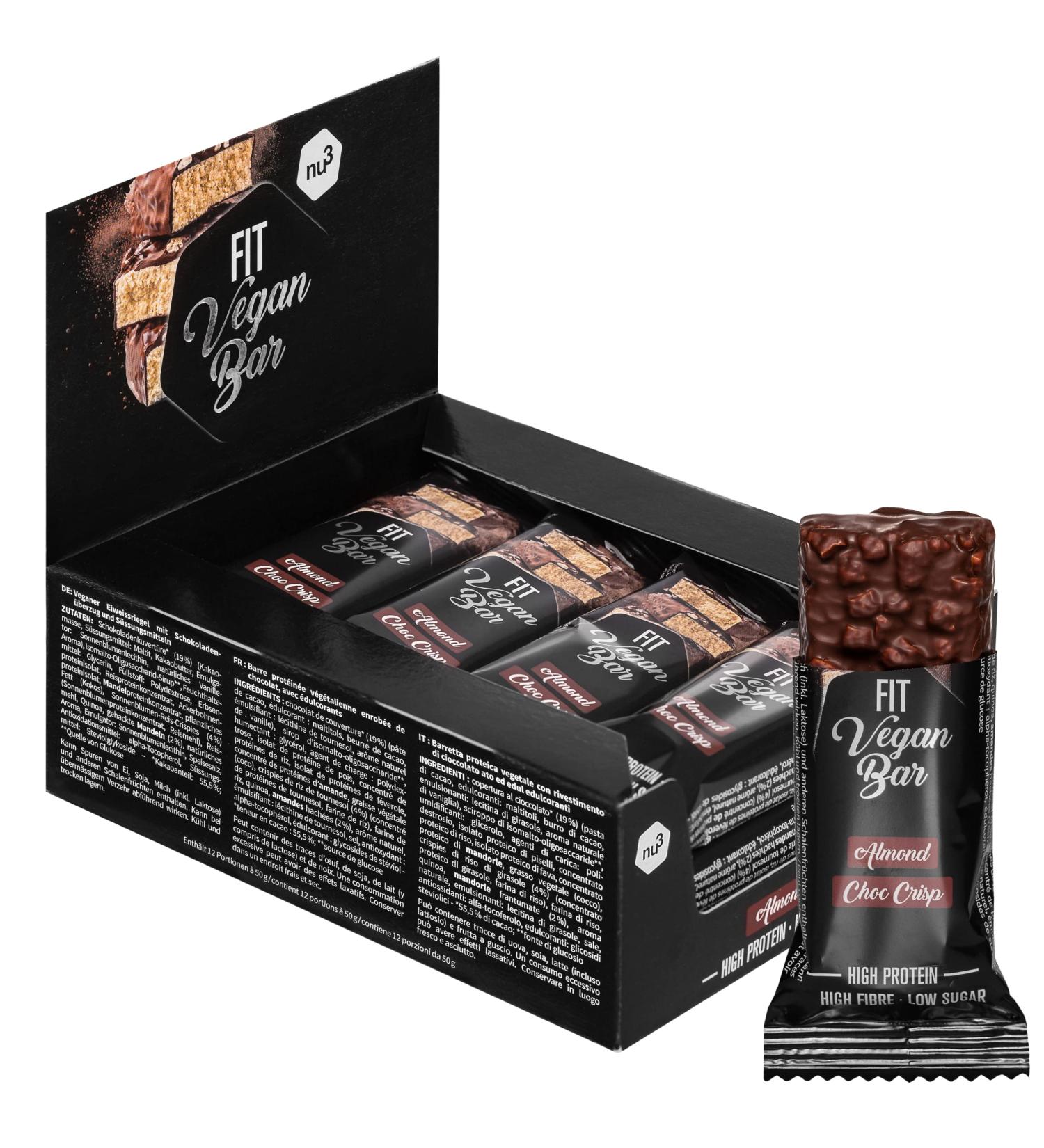 nu3 Vegan Protein Bar Almond Choc Crisps 12 x 50g - Protein bar with 12.2g protein per bar - only 1.2g sugar per protein bar - soy and palm oil free - gluten free - Buy Online on GoSupps.com