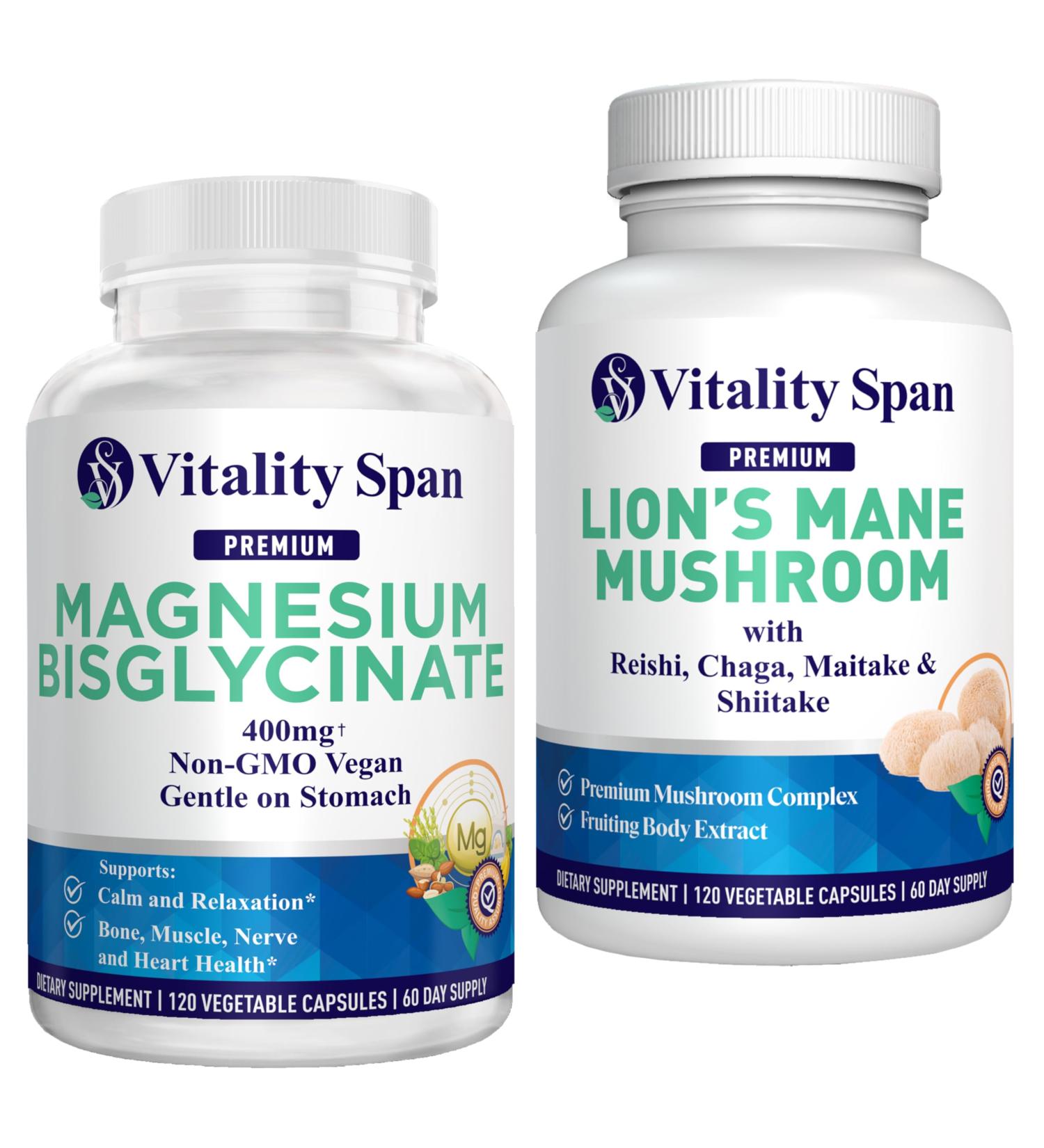 Magnesium Bisglycinate 400mg + Lion s Mane 4:1 Extract Complex Bundle Calm & Relaxation + Focus & Clarity 120 + 120 Veg Capsules, Made in USA - Buy Online on GoSupps.com