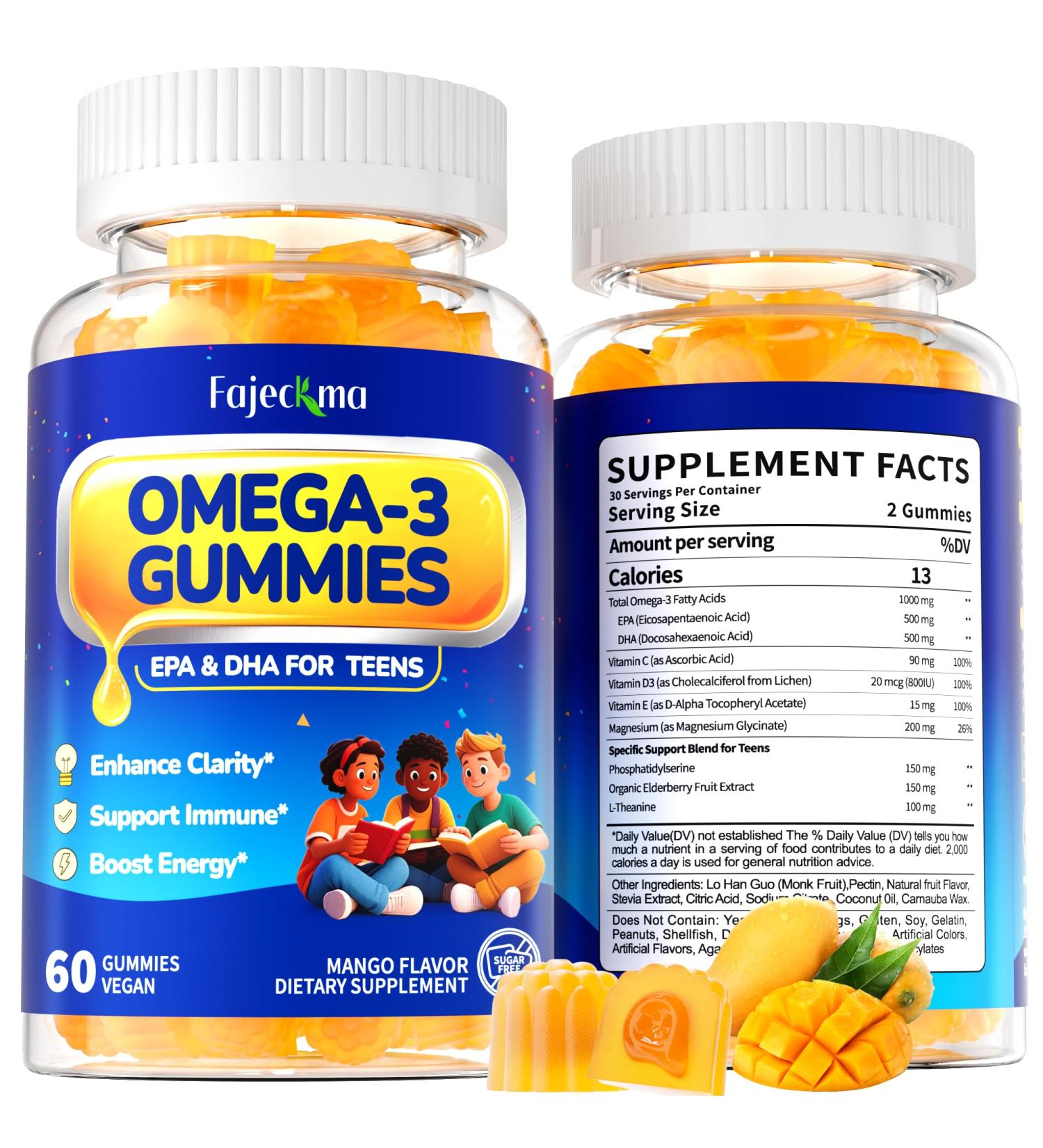 Omega-3 1000MG Gummies for Teen: Natural Omega 3 Fatty Acids Supplement with DHA EPA Vitamin D3 Organic Elderberry Extract - Fish Oil Alternative Support Immune Focus for Teens(120Count) Mango 60 Count (Pack of 2) - Buy Online on GoSupps.com