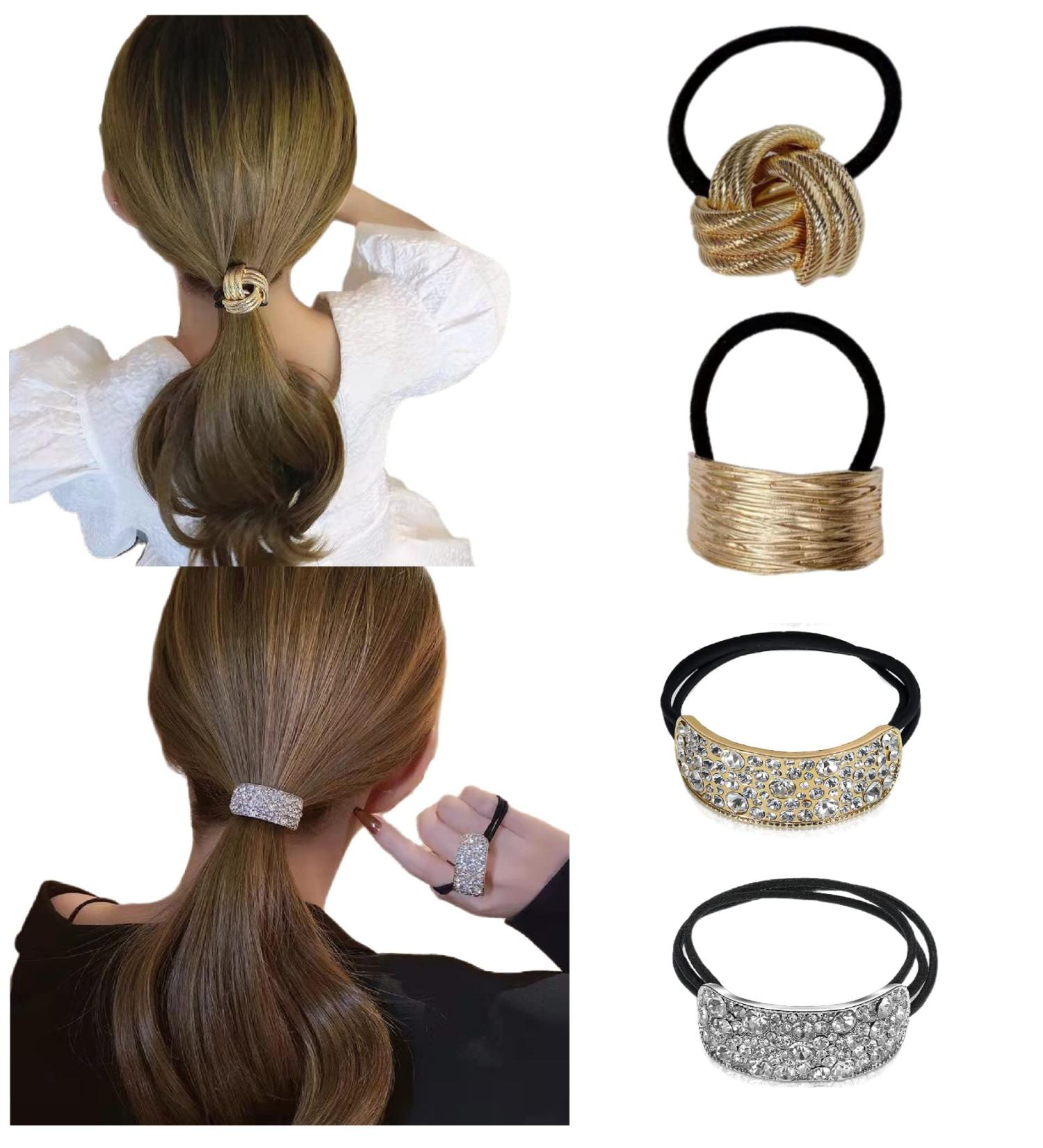 Harley Rhinestone Ponytail Holders - 4pcs Gold Hair Cuffs for Women's Ponytail Headbands - Buy Online on GoSupps.com