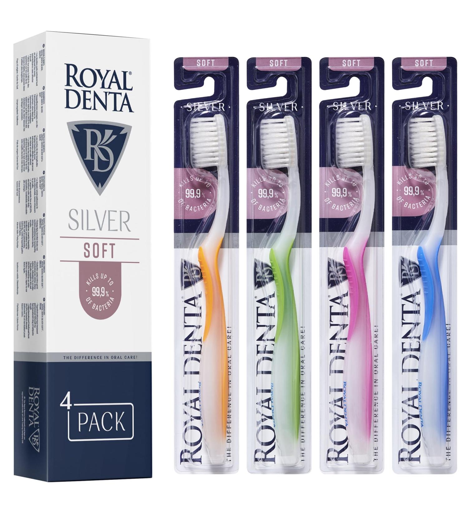 Royal Denta Silver Soft Toothbrush 4-Pack - Effective Interdental Cleaning with Silver Particles | Multi-Coloured | International Shipping Available - Buy Online on GoSupps.com
