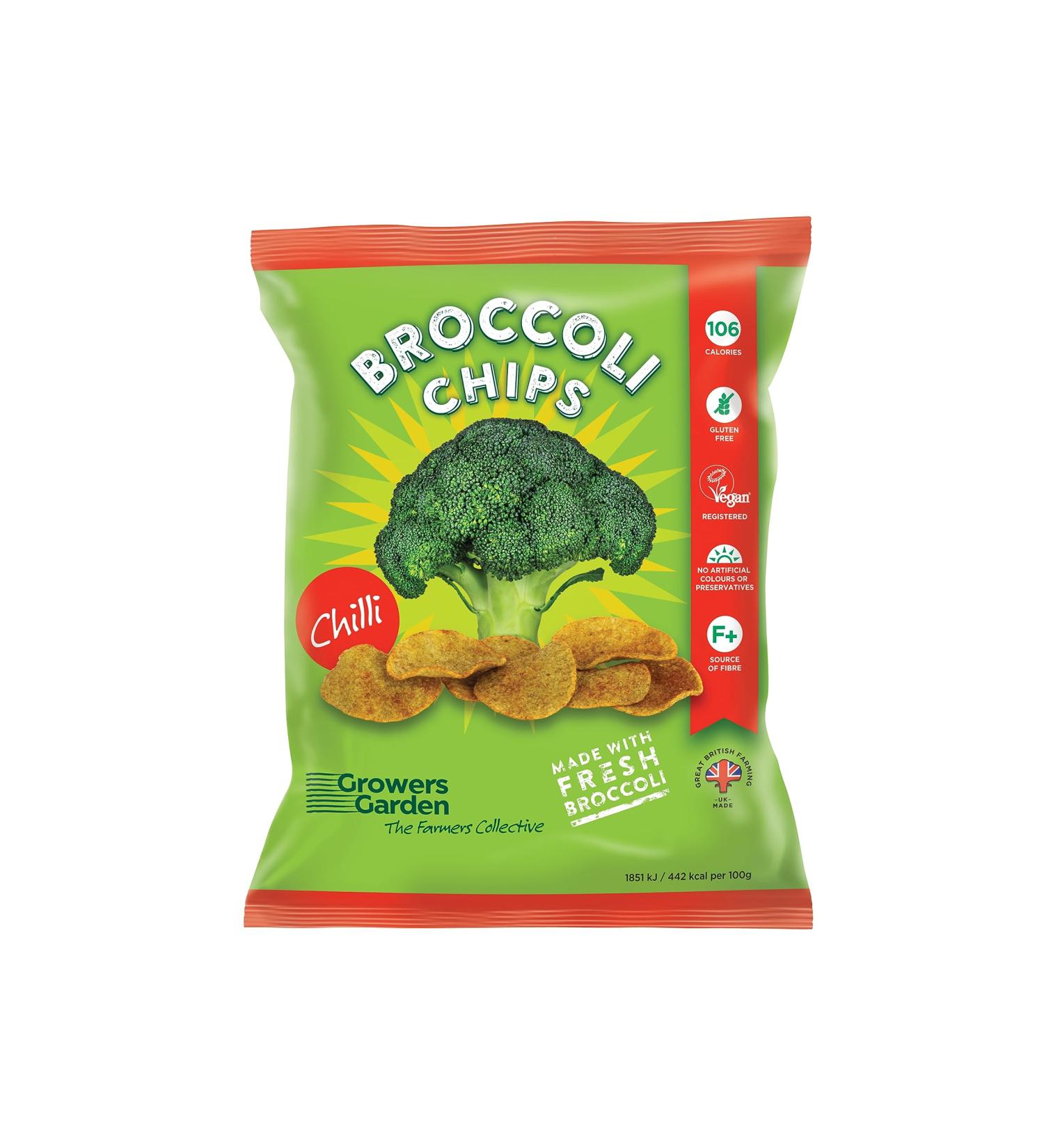 Chilli Broccoli Chips x24 - Healthy Snacks by Growers Garden | Vegan Crisps | Gluten Free + Dairy Free | Lunchbox Snack