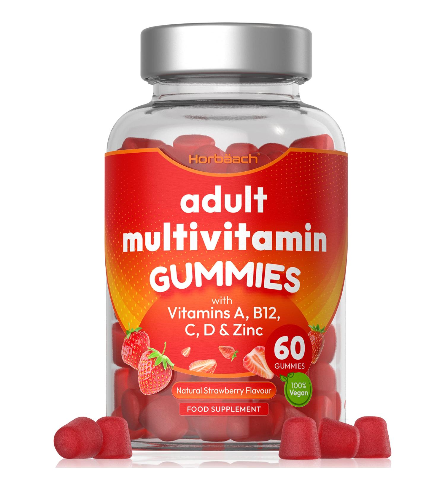 Horbaach Multivitamin Gummies for Adults | 60 Count | 14 Essential Nutrients with Vitamin A B12 C D & Zinc | Natural Strawberry Flavour - Buy Online on GoSupps.com