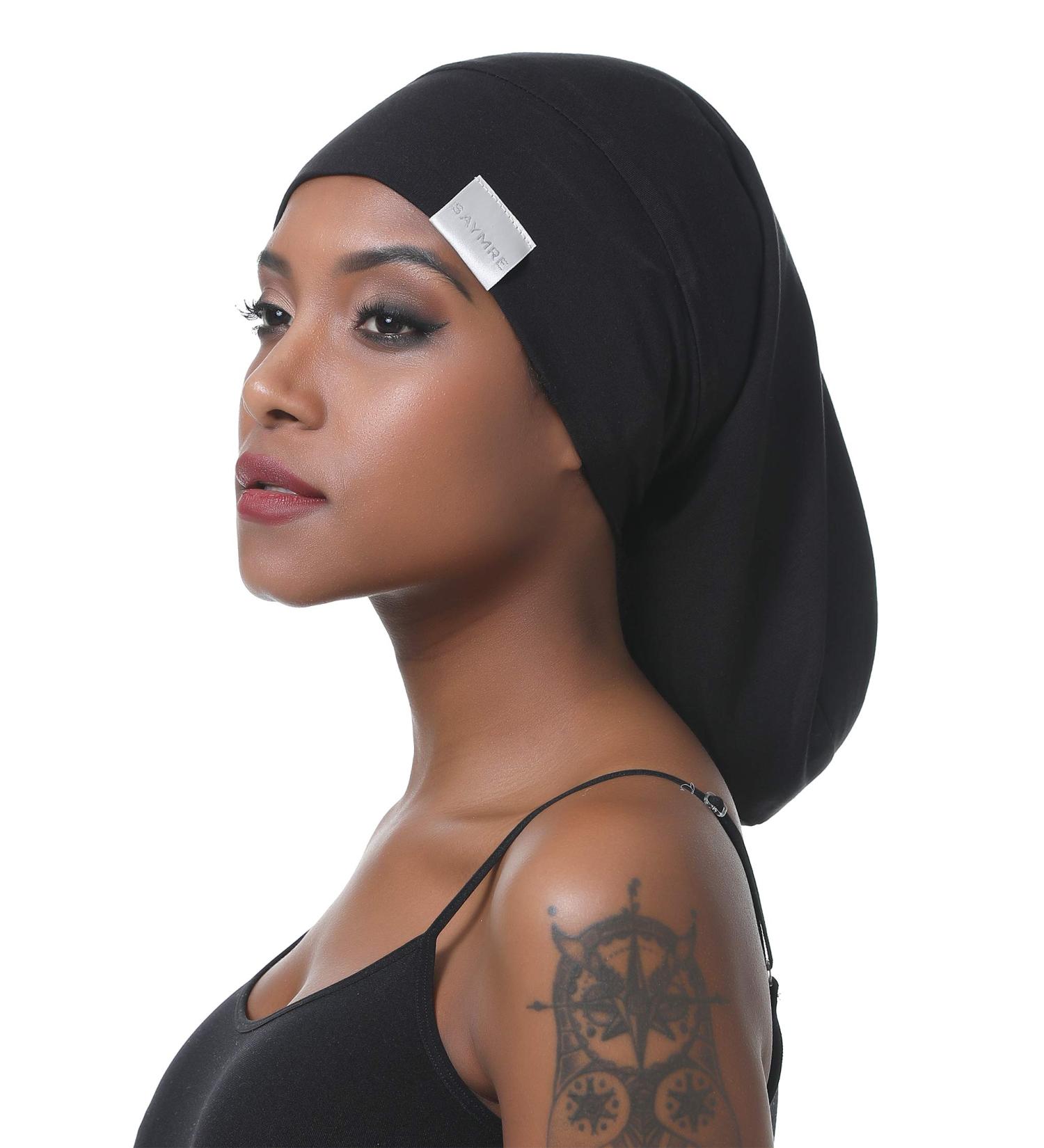 Saymre Satin-Fed Hood for Women - Silky Hair Protection Adjustable XXL Black Sleeping Cap for Curly Long Hair - Buy Online on GoSupps.com