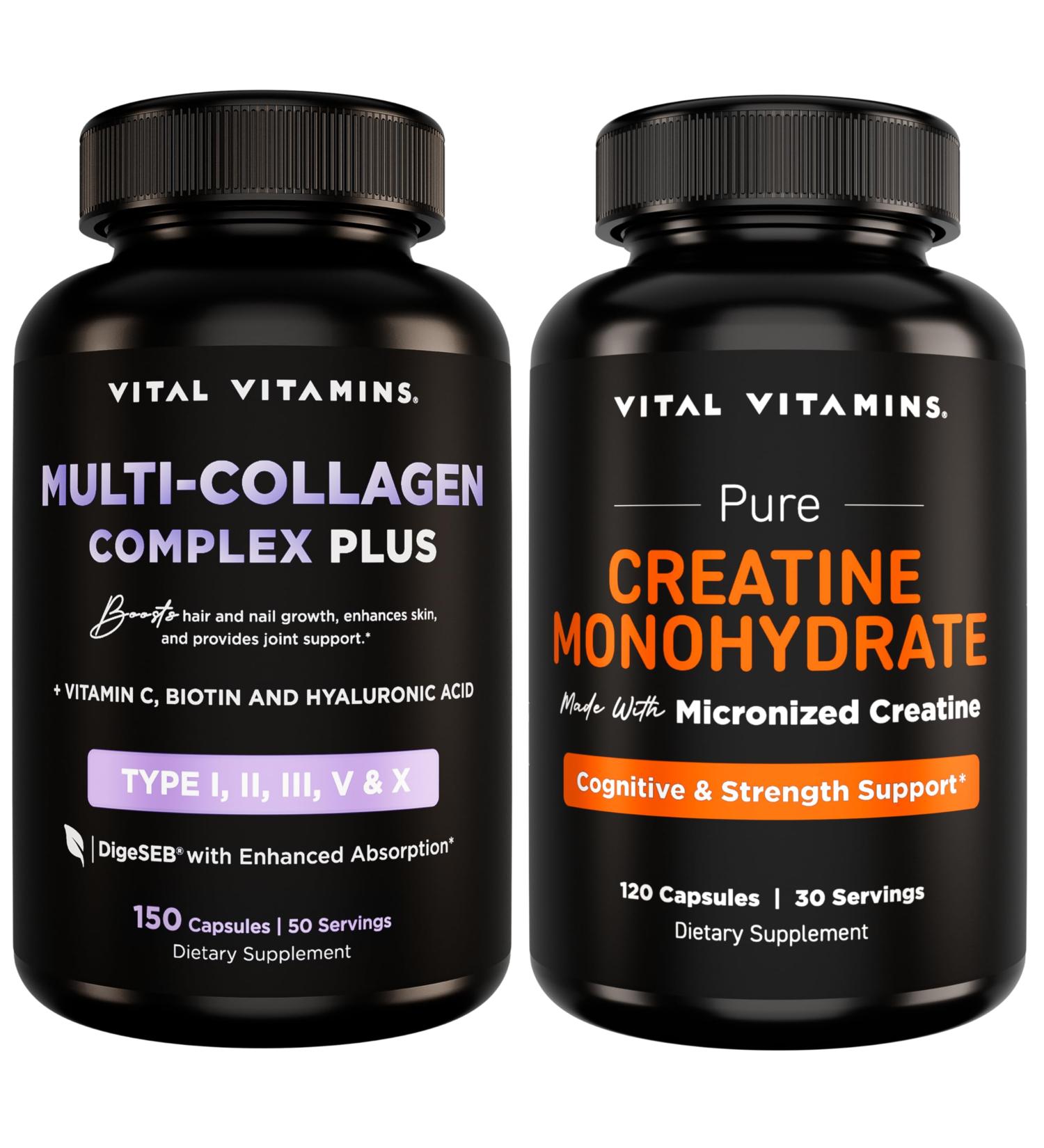 Vital Vitamins Multi Collagen Complex Plus 150 ct + Creatine Monohydrate Capsules 120 ct - Buy Online on GoSupps.com