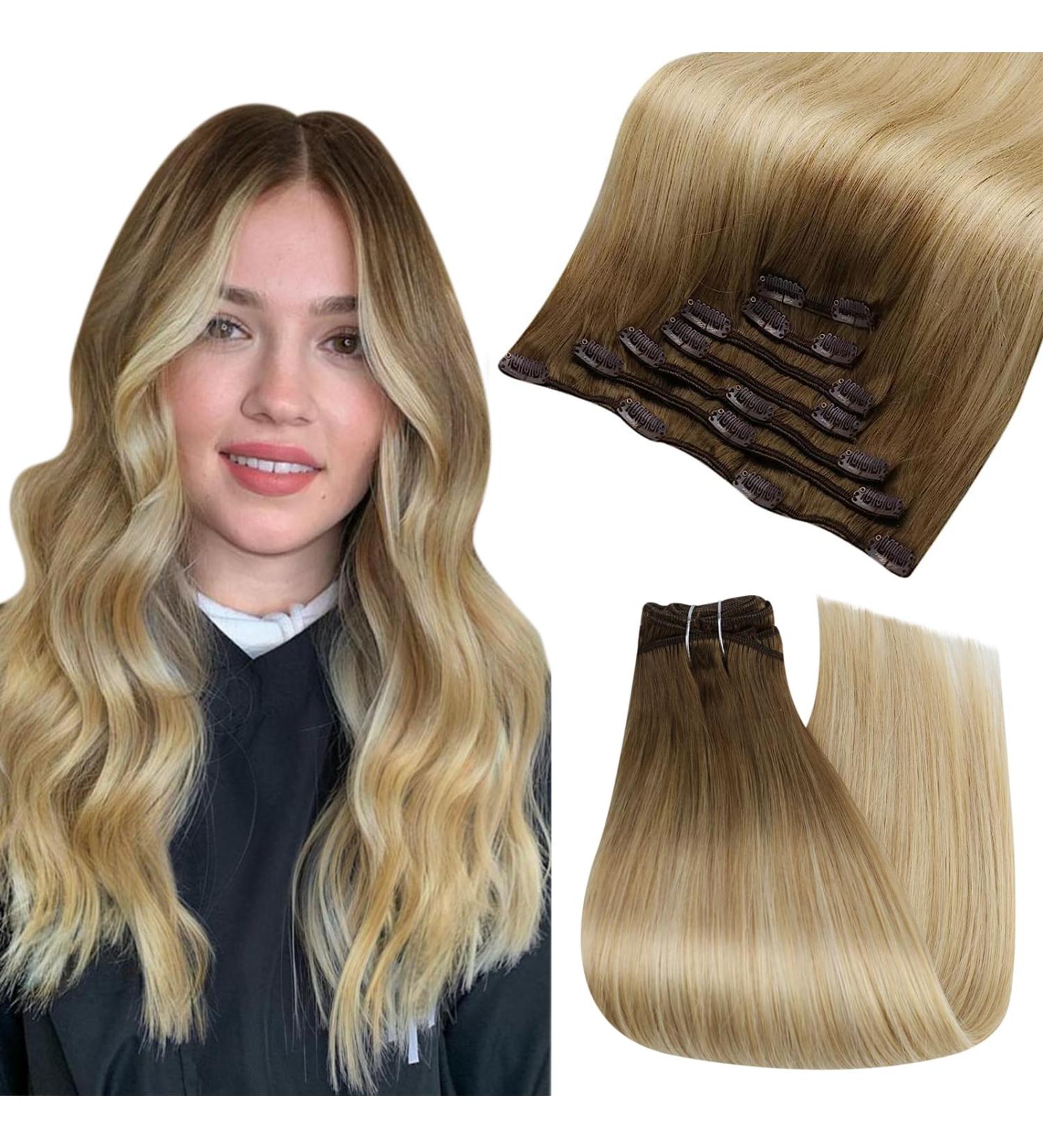 FSHINE Clip-In Hair Extensions - Real Hair Castania Brown to Ombre Honigblond & Platinum Blond 40cm 120g 7 Pieces #6/26/60 & #6/27/60 - Smooth Lightweight & Versatile - Buy Online on GoSupps.com