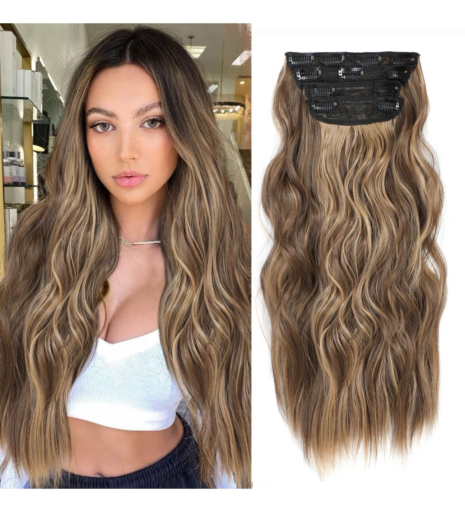 20 Wavy Synthetic Clip-In Hair Extensions - 4PCS Thick Double Weft Hairpieces for Women in Ombre Honey Blonde - Buy Online on GoSupps.com