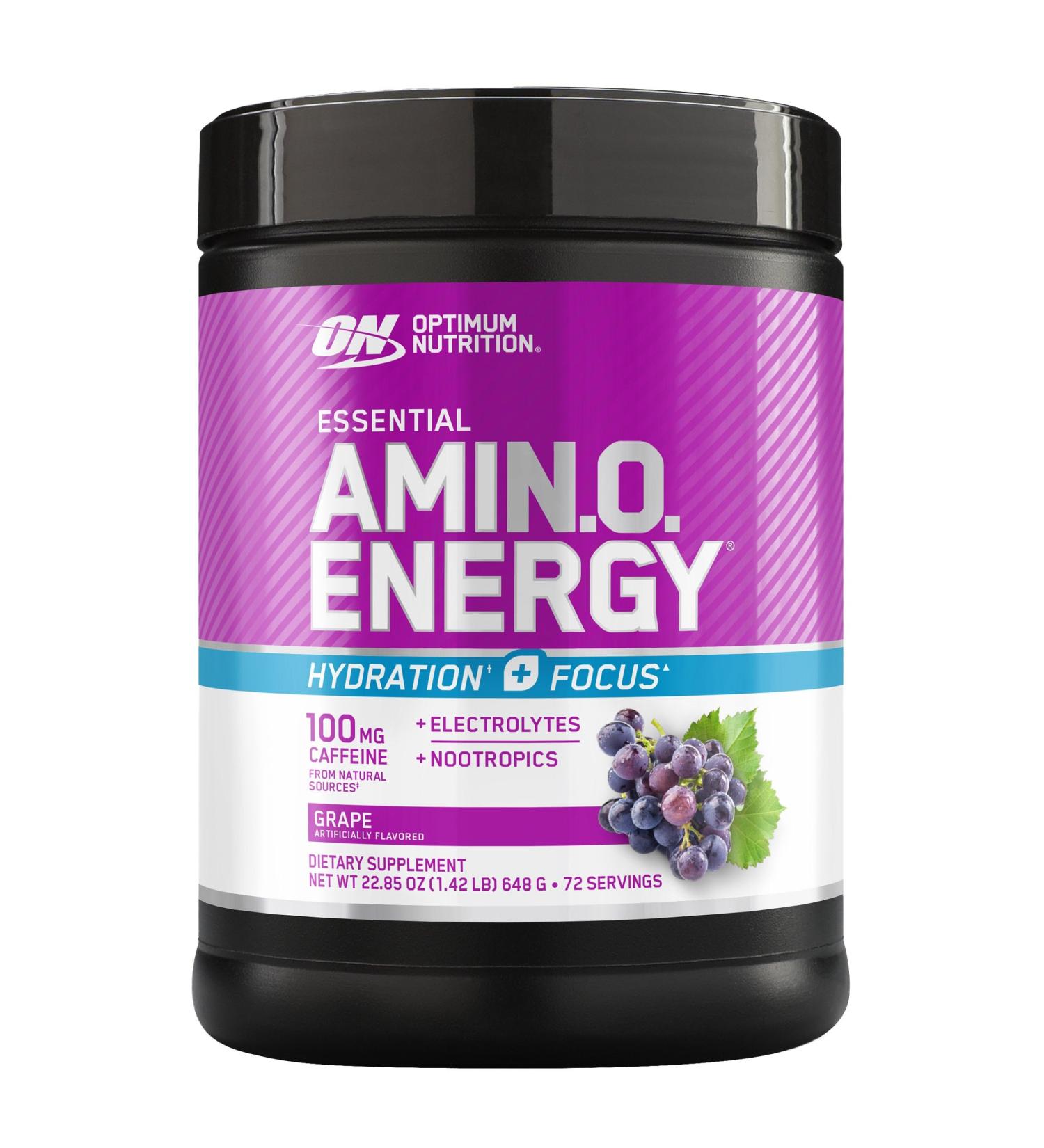 Optimum Nutrition Amino Energy Powder Plus Focus with BCAA Electrolytes and Caffeine Grape 1.42 LB 72 Servings (Packaging May Vary) - Buy Online on GoSupps.com