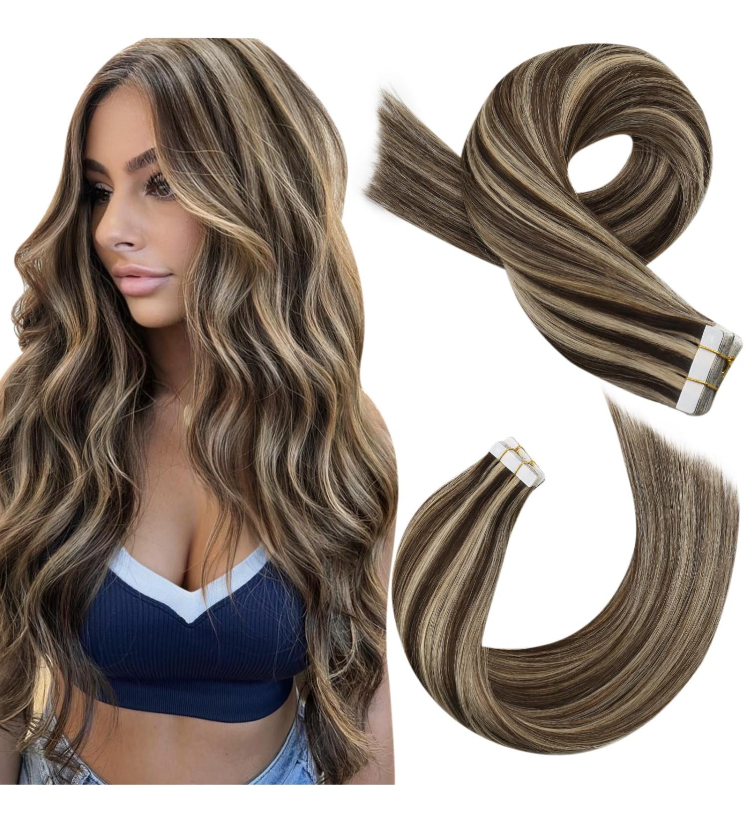 Moresoo Human Hair Blonde Tape in Extensions 18 Inch 20 Pieces Dark Brown/Caramel Blonde Skin Weft Extensions #P4/27 - Buy Online on GoSupps.com